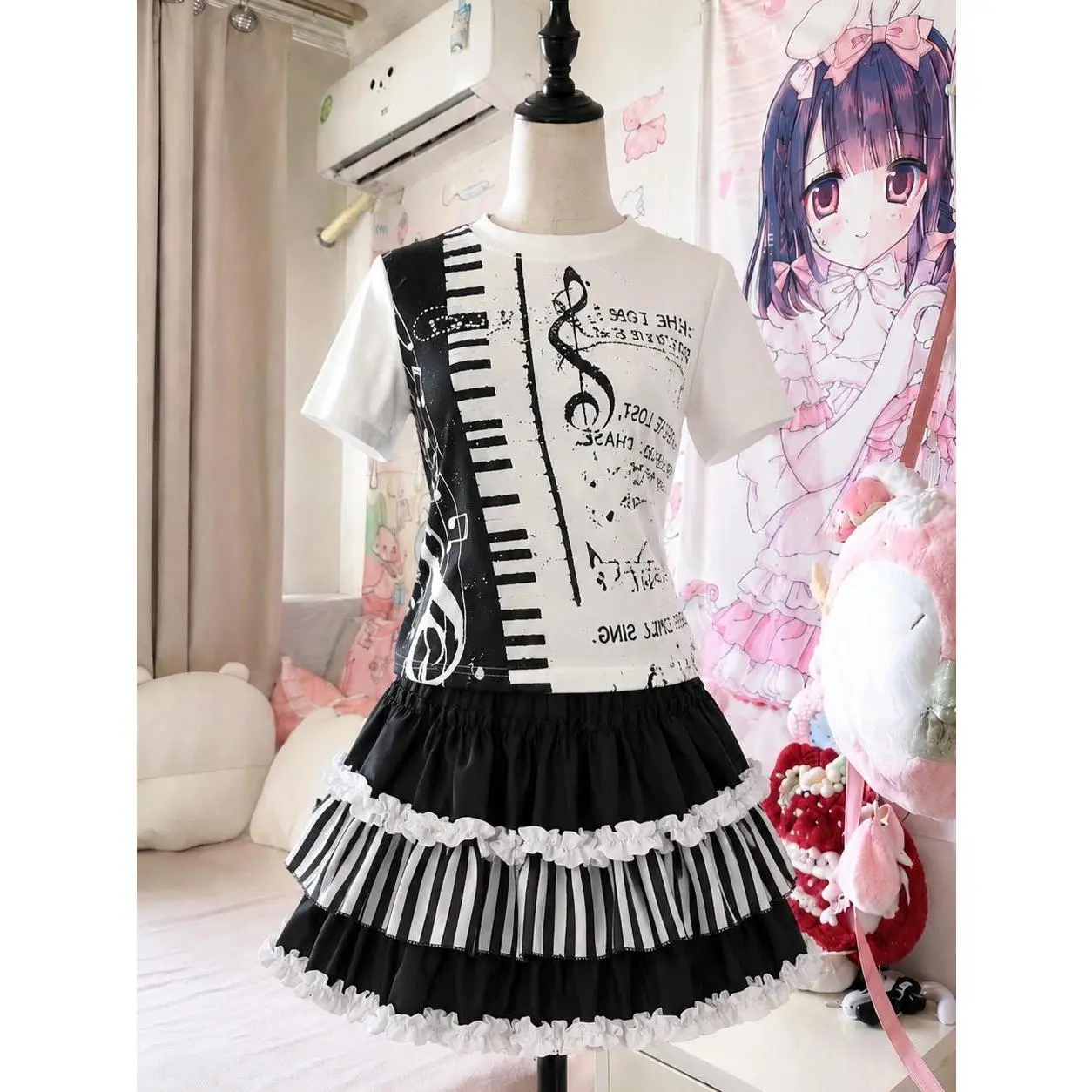 Women Subculture Harajuku Two Piece Suits Gothic Punk Piano Print Tee Mini Skirt Retro Vintage Y2k Casual Street Outfits