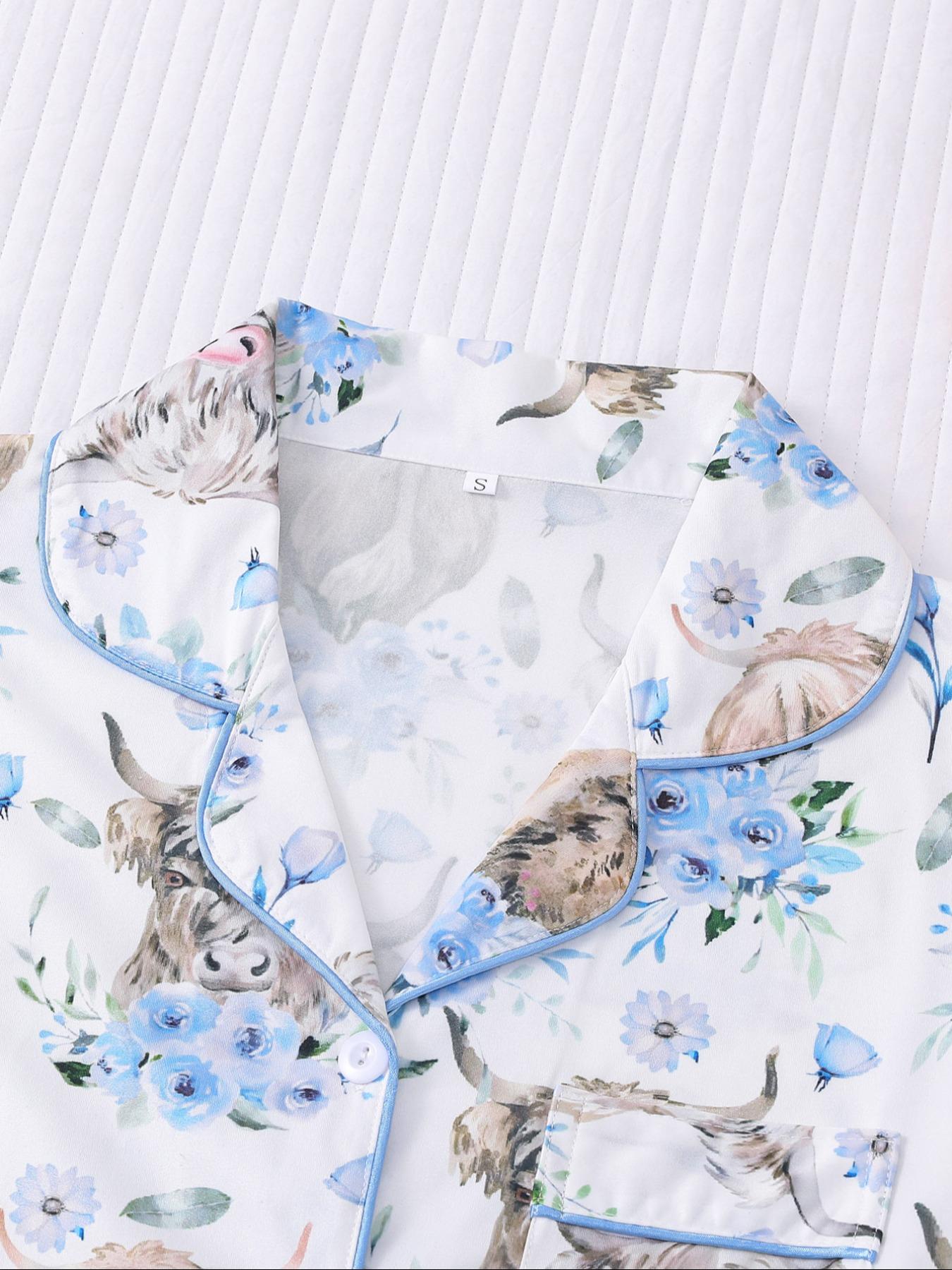 Women's All-Over Cow-Print Contrast-Trim Shirt & Elastic-Waist Shorts Pajama Loungewear Set, Casual Comfy Short Sleeve Collared Top & Shorts PJ Two-Piece Set