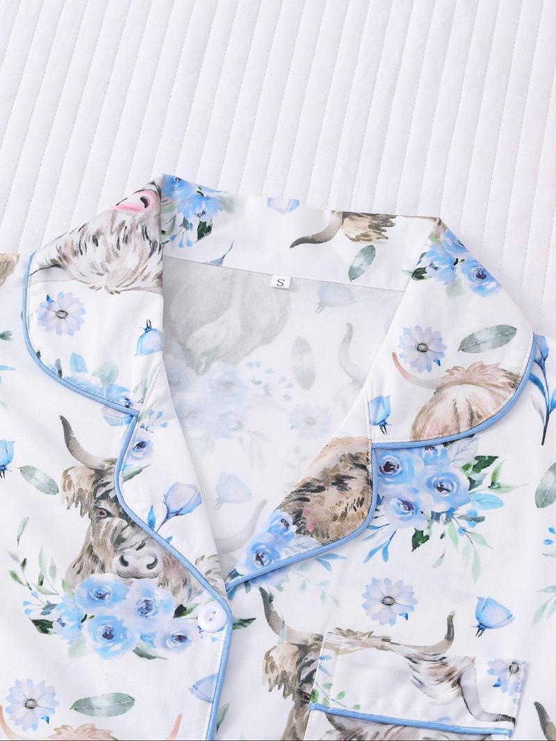 Women's All-Over Cow-Print Contrast-Trim Shirt & Elastic-Waist Shorts Pajama Loungewear Set, Casual Comfy Short Sleeve Collared Top & Shorts PJ Two-Piece Set