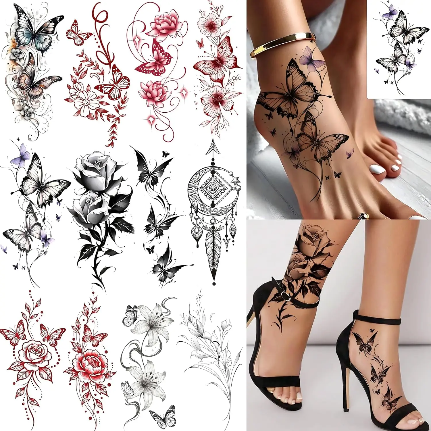 12 Sheets Beautiful Butterfly Flowers Temporary Tattoos For Women Feet Hands Body Art, Realistic Rose Peony Floral Fake Tattoo Sticker For Legs Ankle, Waterproof Lily Dreamcatcher Temp Tatoos Decals