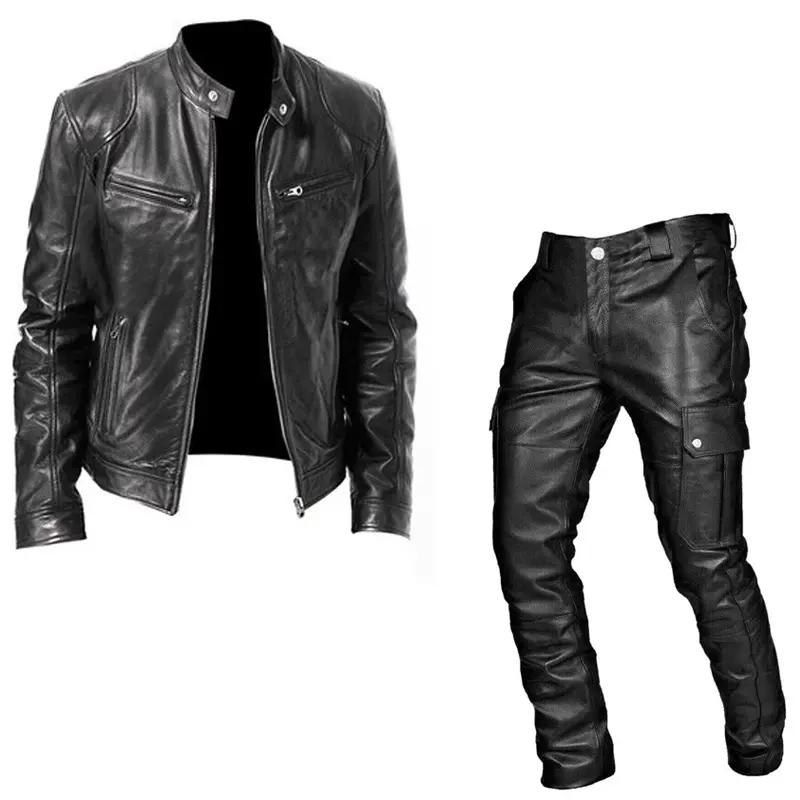 Cosplay set, leather jacket and pants two-piece set, PU leather casual outfit, medieval costume