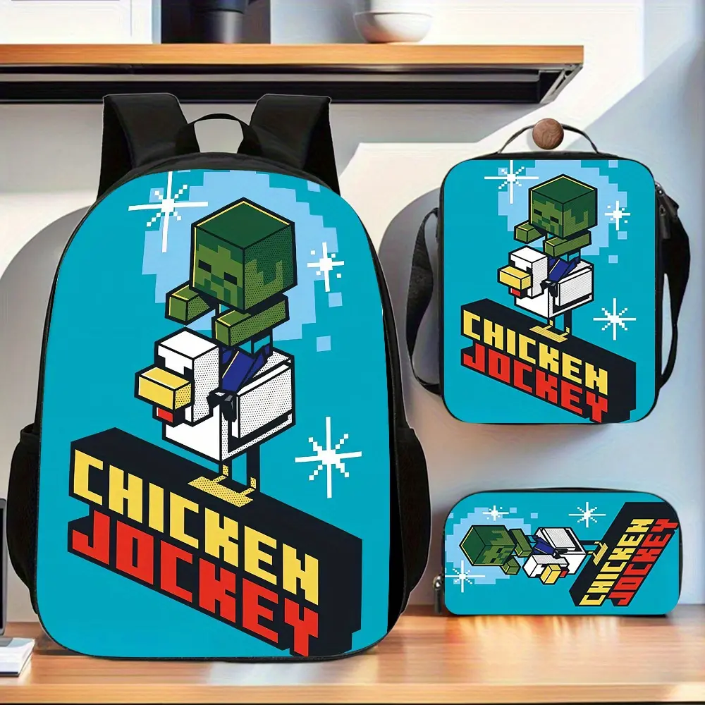 Minecraft Chicken Knight Flash Star Blue Print Three-Piece School Bag Set, Gaming Shoulder Bag, Insulated Food Container, Fabric Zipper Pocket, Suitable for Daily Use by School Students