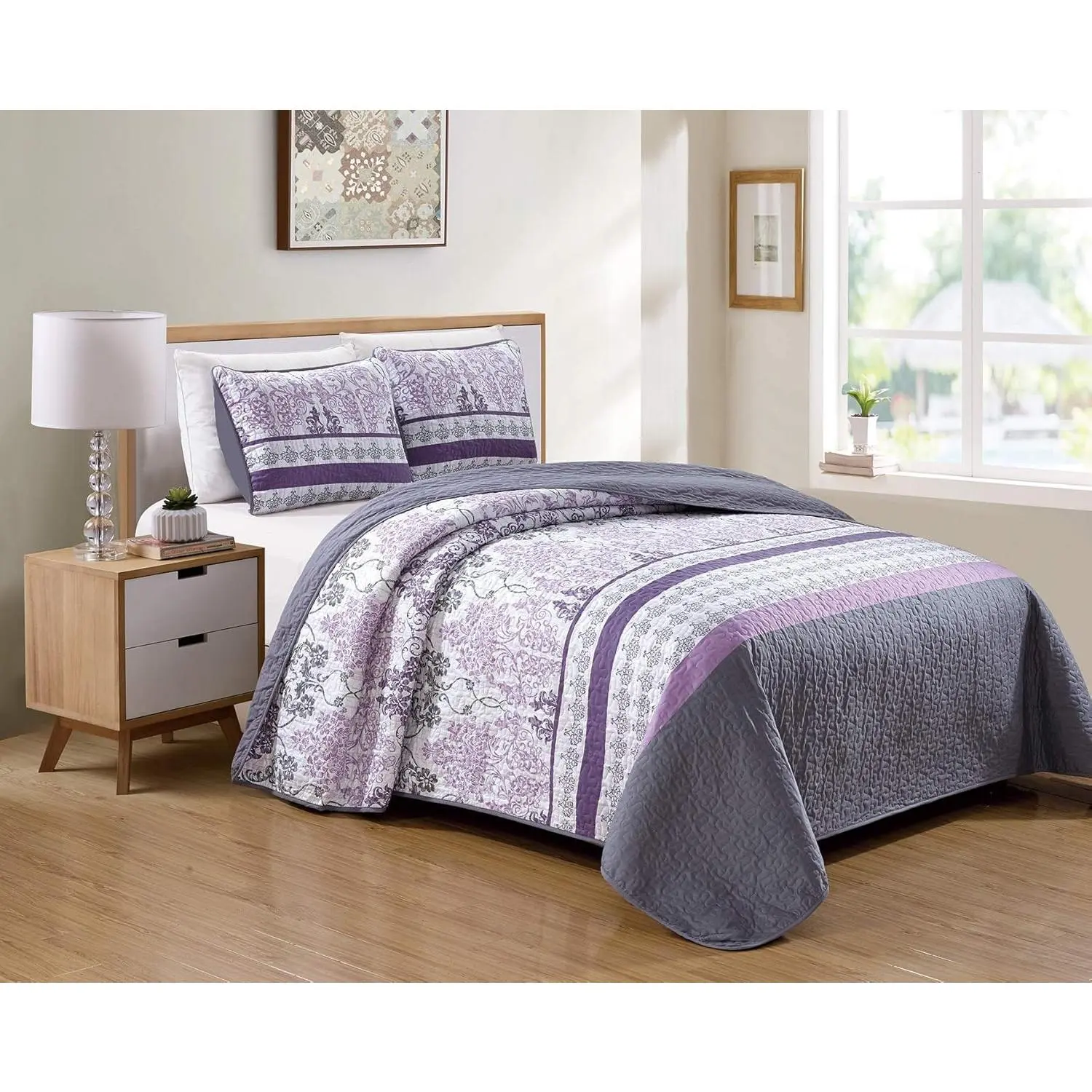 Home Linen Bedspread Set Damask Printed Pattern Lavender Purple White Grey New (Full/Queen)