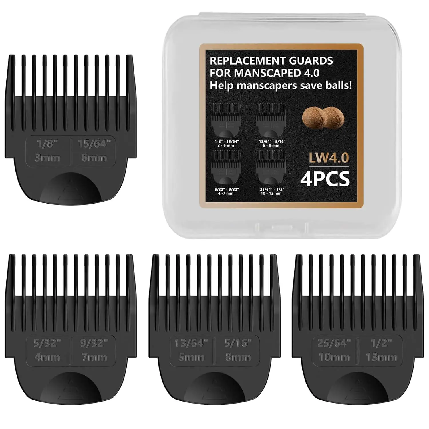 4 Pack Guards for  Lawn Mower 4.0 - Adjustable Lawnmower 4.0 Trimmer Guards with Organizer,  Guide Comb  for  4.0 Attachments,  Lengths from 1/8" to 1/2"
