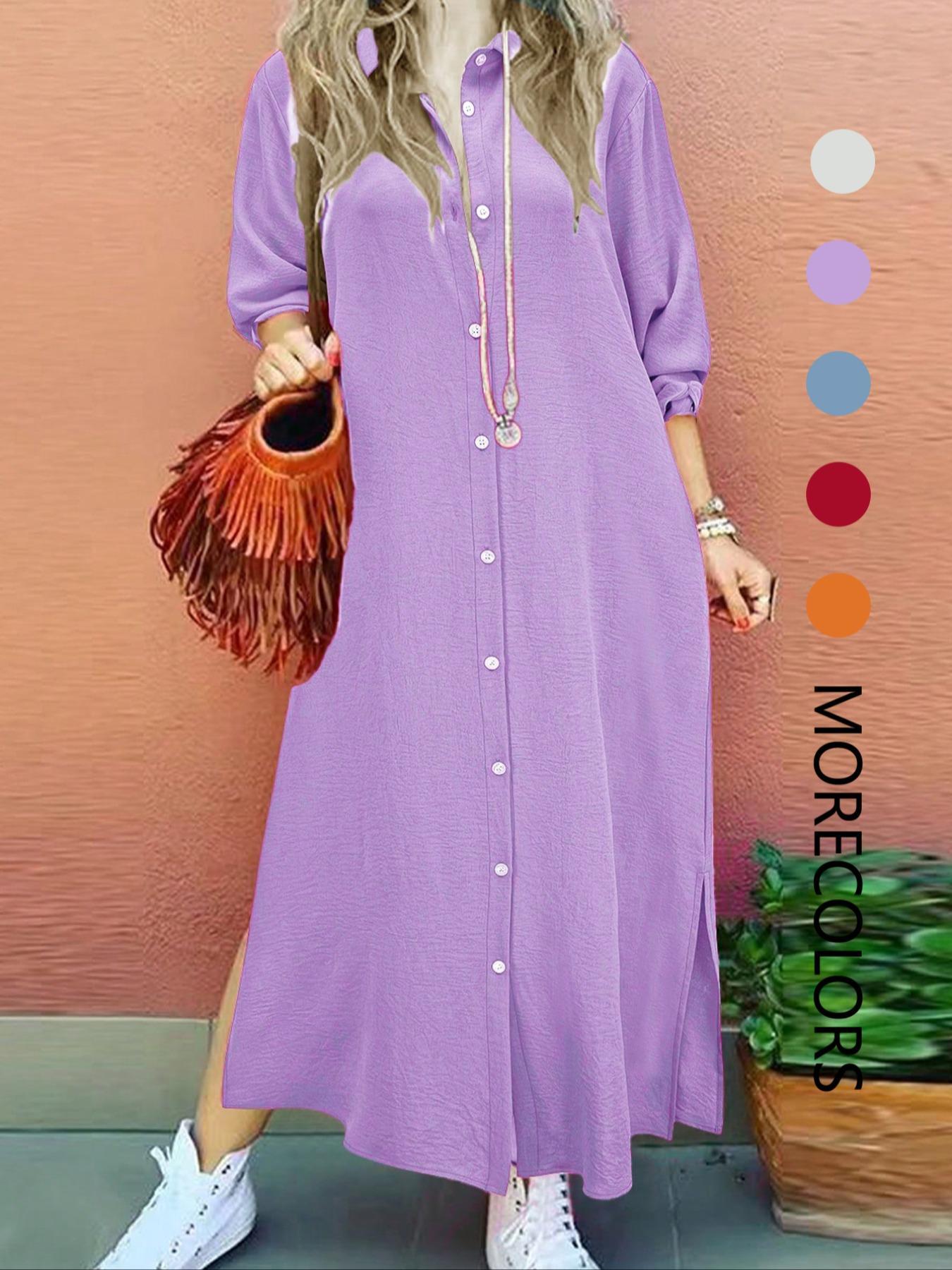 Women's Plain Collared Button Shirt Collar Long Sleeve Dress, Casual Fashion Long Dress for Daily Outdoor Wear, Women Dress for Spring, Womenswear