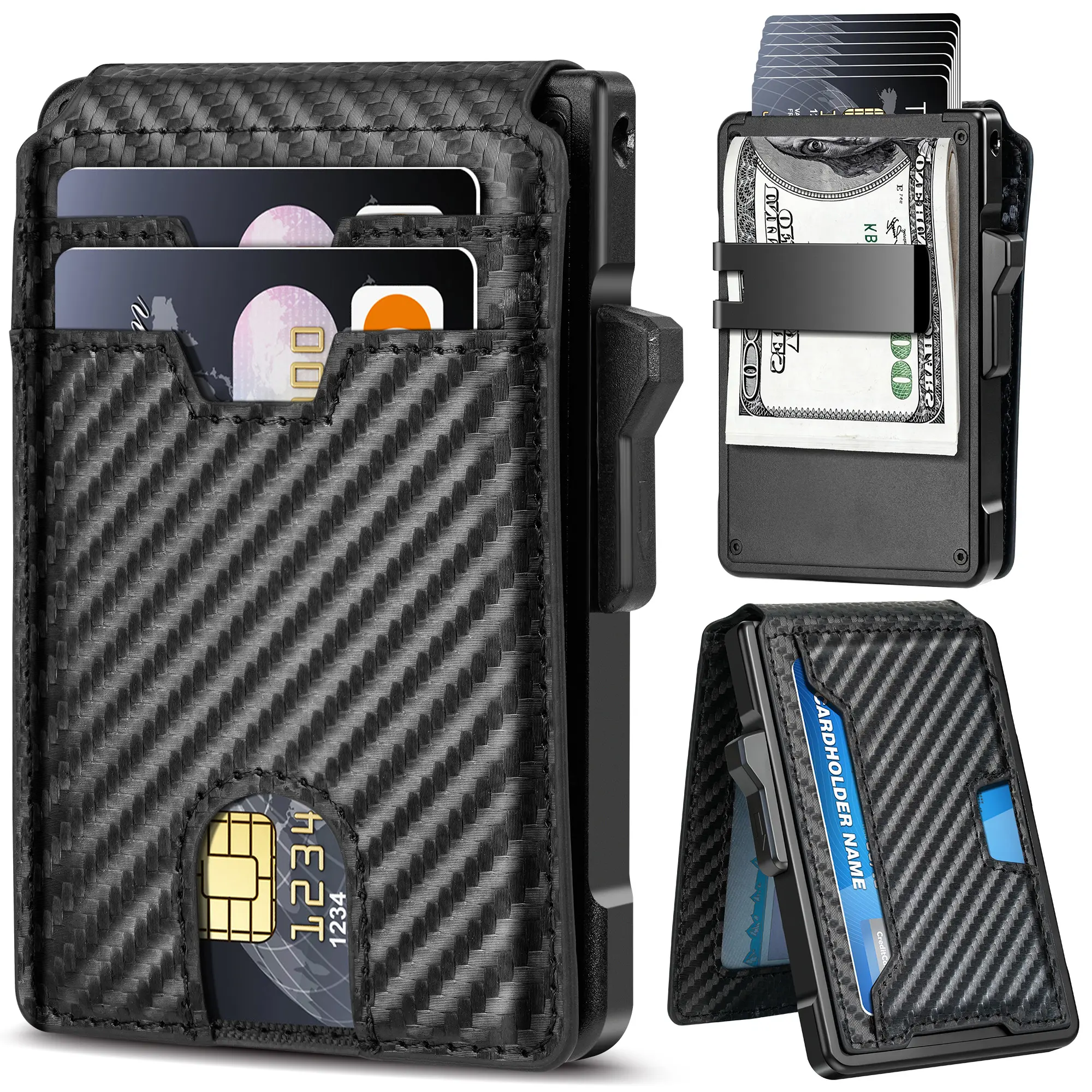 Minimalist Wallet for Men: 9 - 12 Cards, Innner Money Clip, ID Window, RFID Blocking, Aluminum Bifold Pop-Up Credit Card Case Holder