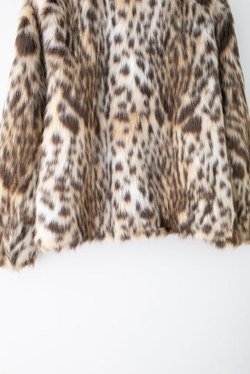 BIGWIG women's fashion leopard faux fur short jacket, plush stand collar splicing warm coat, lapel long sleeve side pocket casual coat, winter leopard faux fur loose slim fit warm coat, elegant winter fashion