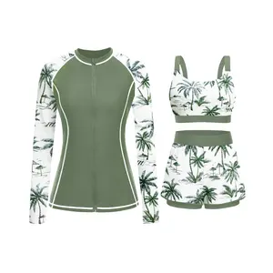 Three Piece Rash Guard for Women - Long Sleeve Swimsuits with Shorts SPF Zip up Swim Shirt with Built in Bra