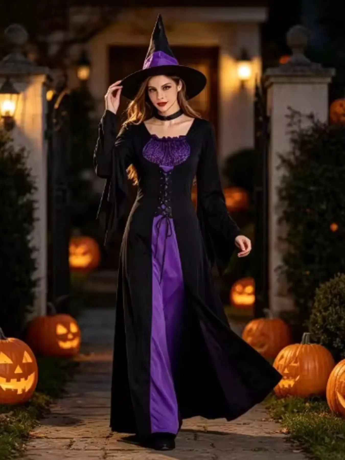 Role‑play Purple Hooded Witch Cosplay Costume, Long‑Dress Performance Outfit for Adult Women, Halloween Costume