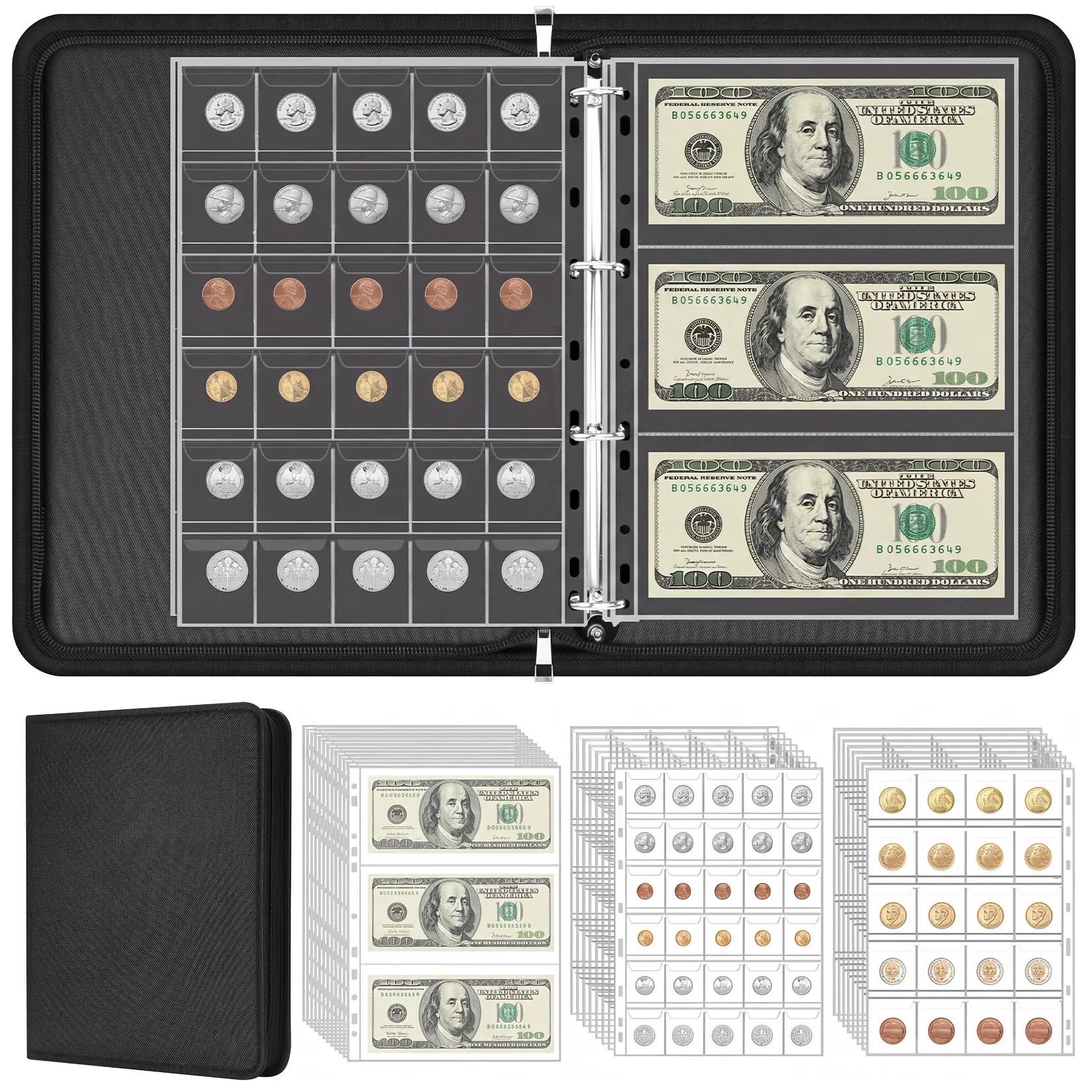 Coin and Currency Collection Album PU Leather Binder for 520 Coins and 36 Paper Bills PVC Sleeves Holder Organizer for Collectors No Lock