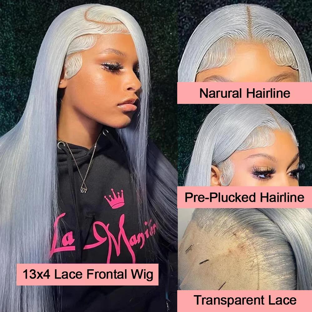 Bling Hair 30 Inch Silver Grey Straight 13x6 Hd Lace Frontal Human Hair Wigs Colored Hair Pre Plucked 13x4 Transparence Lace Front Wig 100% Human Hair Brazilian For Women