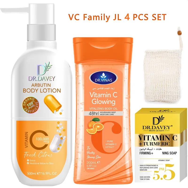 4pcs Vitamin C Body Lotion+Body Oil+Soap Skincare Set Gift: Clean, Moisturizing, Gentle, Non Stimulating, Fragrance Preserving, Large Capacity, Suitable for All Seasons Skincare for the Whole Family