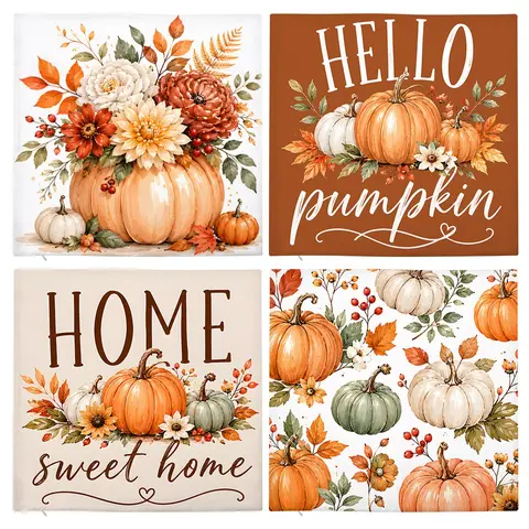 4 Counts Warm Pumpkin Theme Home Text Design Cushion Covers, Pumpkin Patterns, Single-Sided Print, All-Season Decor for Living Room and Bedroom, No Inner Pillow Insert, Bedroom Decorative Accessories