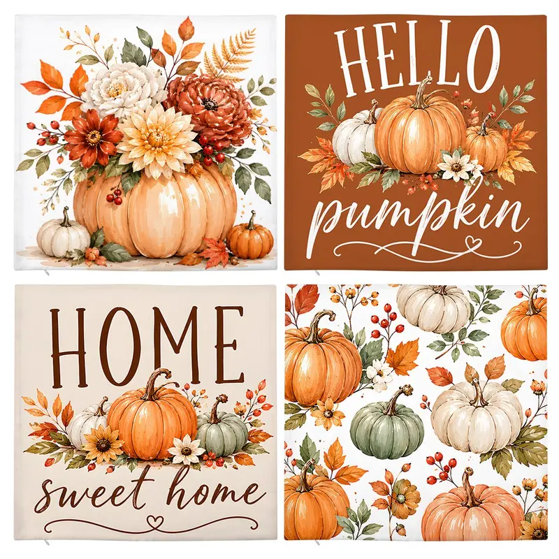 4 Counts Warm Pumpkin Theme Home Text Design Cushion Covers, Pumpkin Patterns, Single-Sided Print, All-Season Decor for Living Room and Bedroom, No Inner Pillow Insert, Bedroom Decorative Accessories