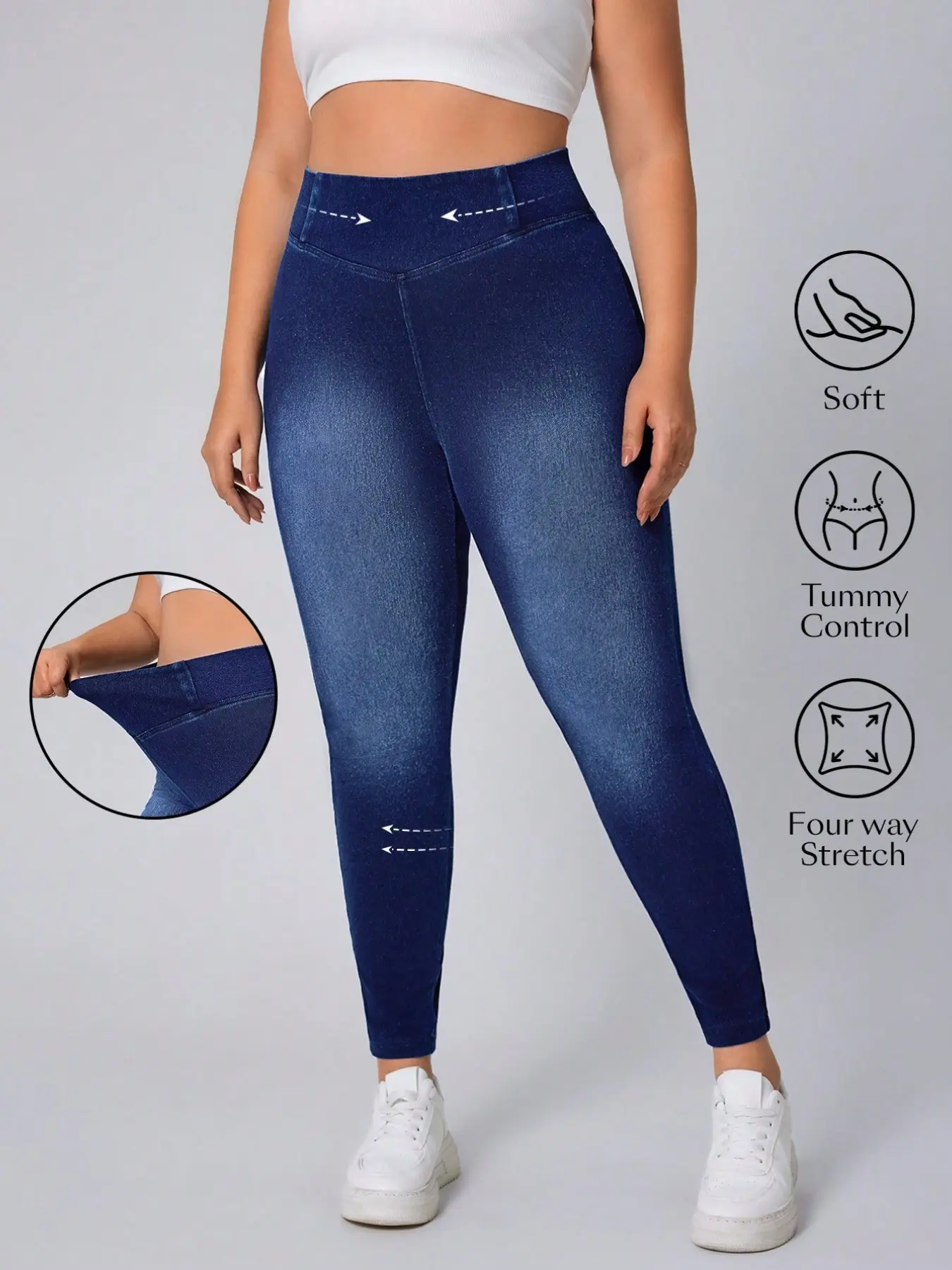 Plus Size Dark Blue High Waist Elastic Denim Jeans, Wearable as Outerwear or Underwear, Four Way Stretch, Slimming and Butt Lifting
