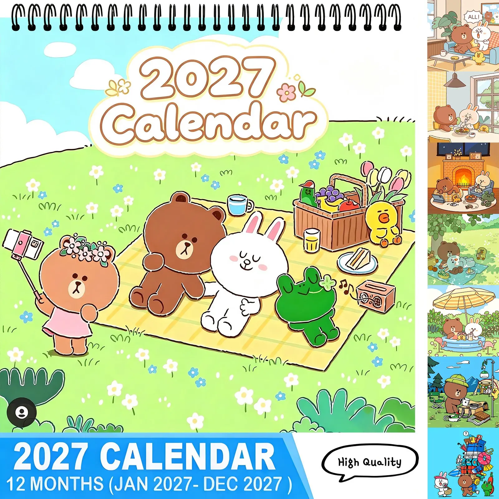 2027 Cute Cartoon Bear Rabbit Wall Calendar 12‑Month Jan‑Dec Spiral Bound Desktop Calendar Kawaii Character Art Home Office Decor Gift For Cartoon Fans,Aesthetic Calendar,Calendar Gift,kids calendar,New Year Calendar