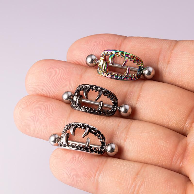 Vampire Teeth Nipple Ring, Stainless Steel Barbell, Creative Body Piercing Jewelry