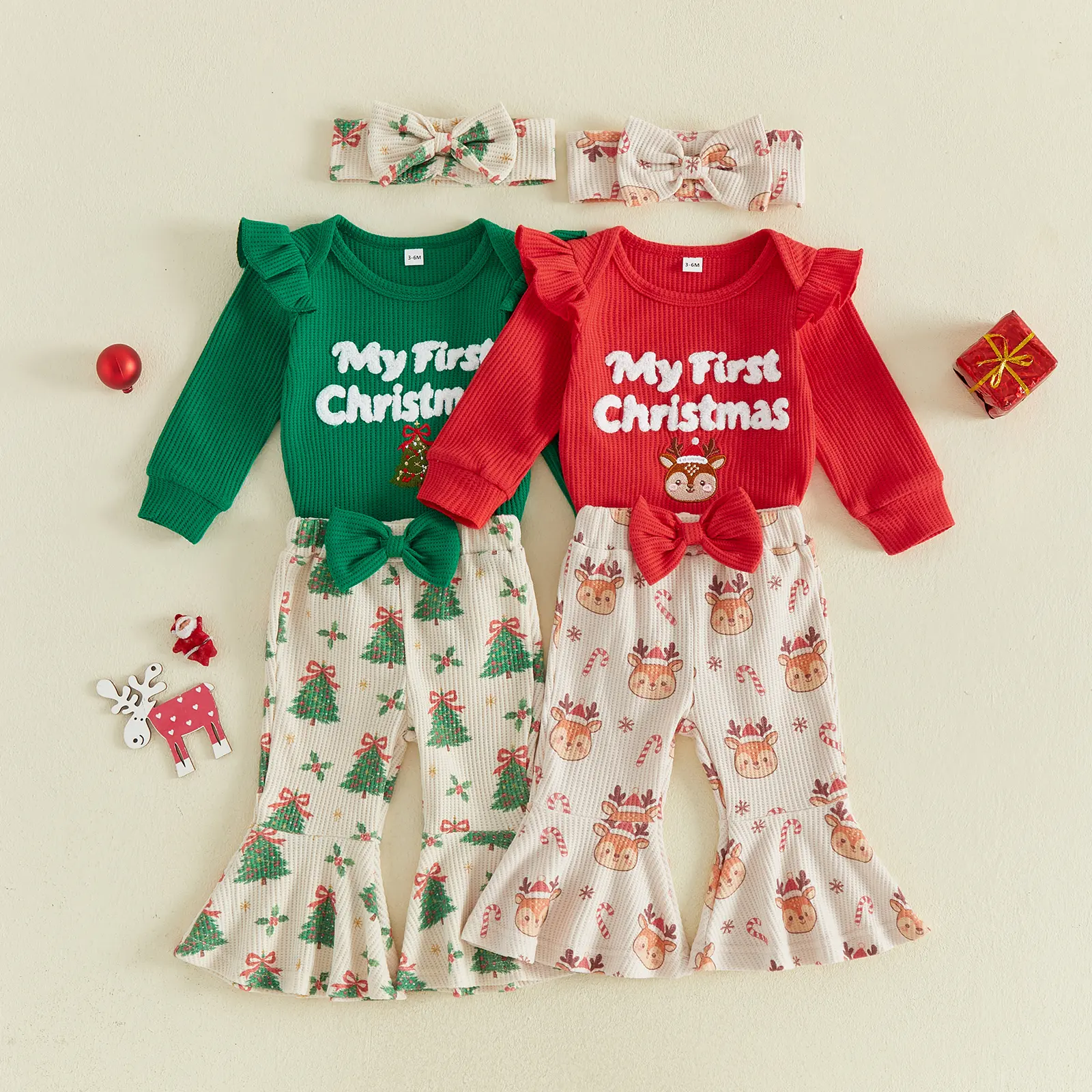 Infant Baby Girl Christmas Outfit Embroidered Romper Printed Flare Pants Headband Set 0-18 Months