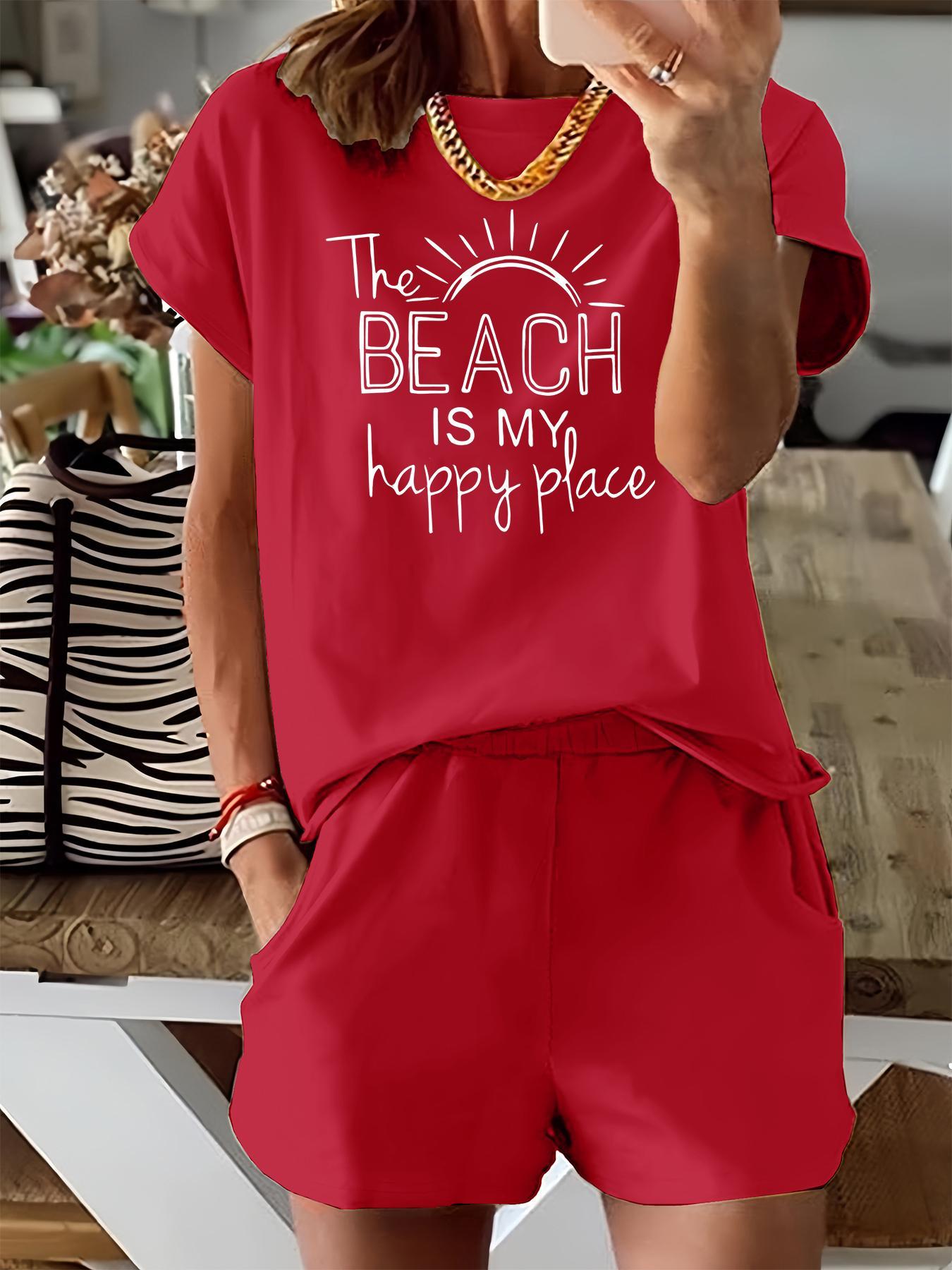 Two-Piece Set Women's Letter Sun Print Short Sleeve Tee & Elastic Waist Shorts, Casual Round Neck T-shirt & Pocket Shorts for Summer, Ladies Clothes for Beach Vacation