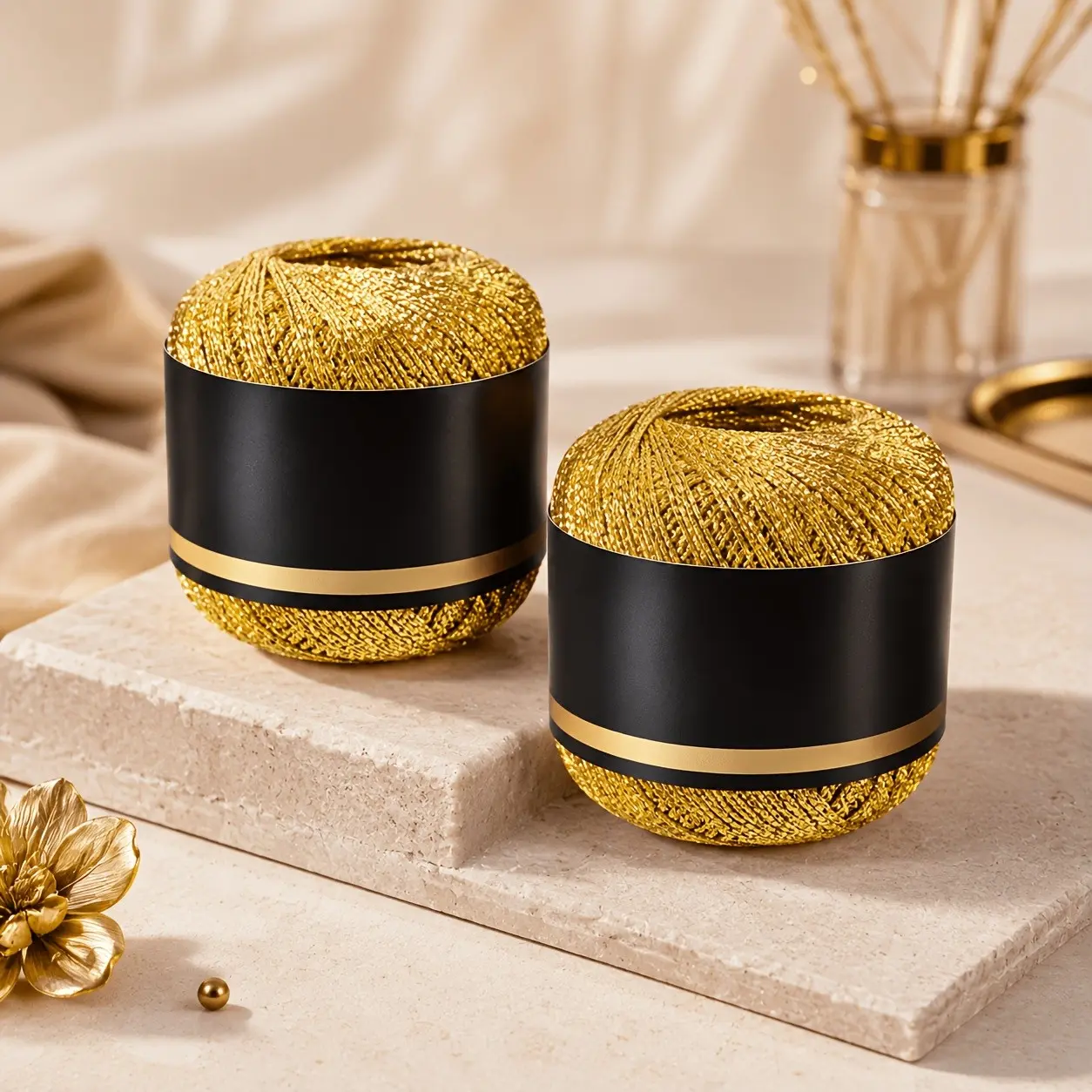 [2pcs Metallic Gold Yarn Balls] 2pcs Metallic Gold Yarn Balls, Sparkling Hollow-Core Crochet Thread, Lightweight Glitter Craft Yarn for DIY Knitting, Gift Wrapping, Jewelry Making, Party Decoration, Handmade Sewing & Creative Craft Projects
