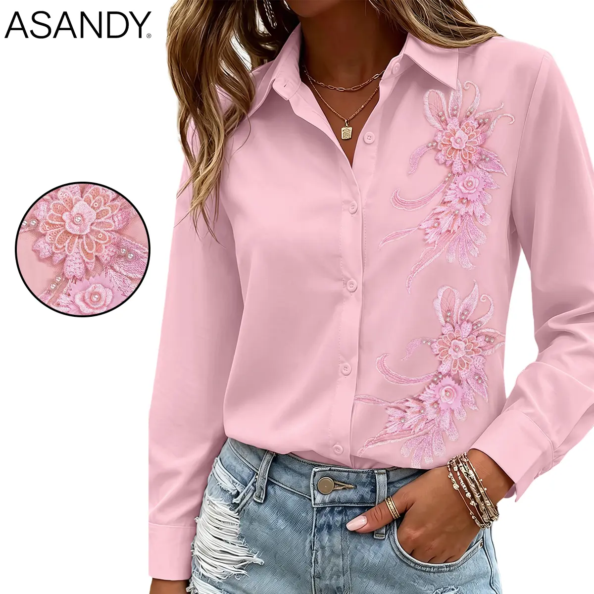 ASANDY Pink Oversized Long Sleeve Button Down Collared Blouse 3D Floral Lace Embroidery Rhinestone Beaded Shirt Elegant Feminine Dressy Top Office Wedding Guest Brunch Daily Streetwear Layering Blouse