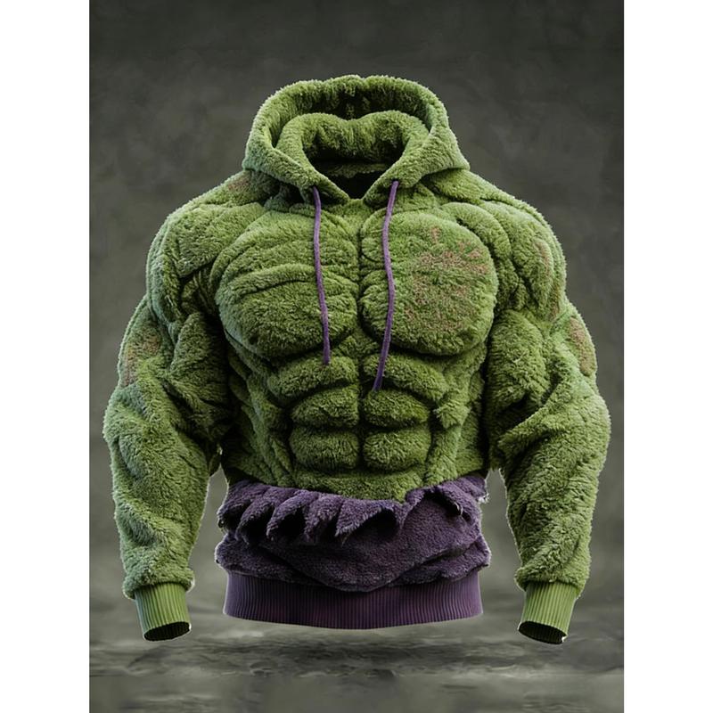 Men's 2D Muscle Sculpted Teddy Fleece Hoodie - Oversized Quilted Fuzzy Sweatshirt for Streetwear & Winter Warmth Dark Muscle-Feel Fleece Hoodie with 3D Tailored Chest Abs and Arm Sculpting