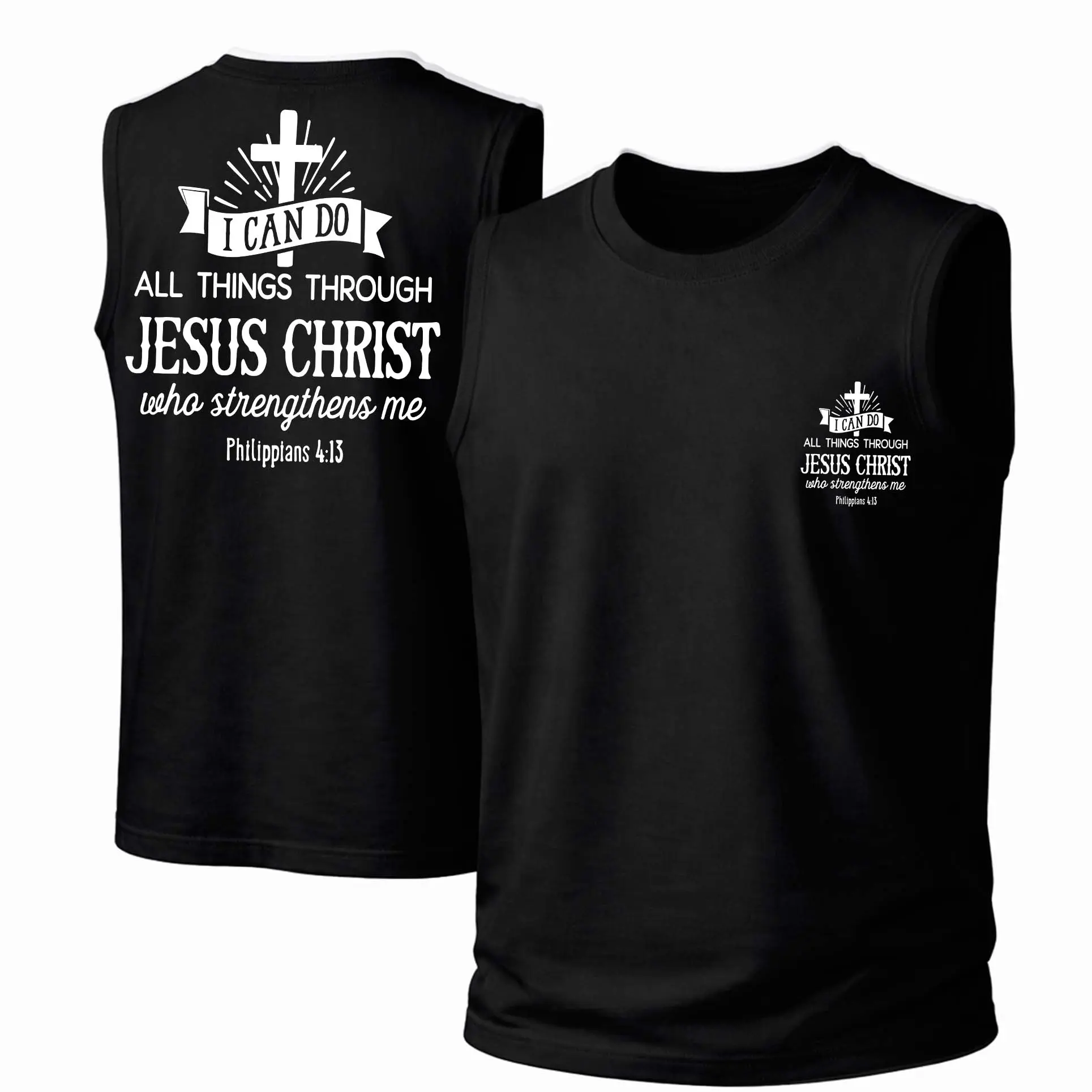 Unisex Streetwear Graphic Tank Top with Philippians 4:13 Cross Print, Soft 100% Cotton Fabric, Loose Fit Casual Top for Outdoor & Daily Wear, Garment, Menswear