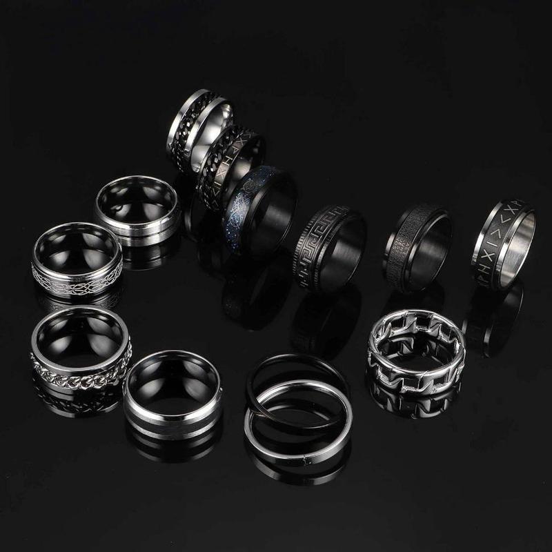 Florideco 12PCS Stainless Steel Band Rings for Men & Women - Fidget Spinning Chain, Anxiety Relief, Fashion Simple Wedding Engagement, Black Ring Set Handmade Jewelry