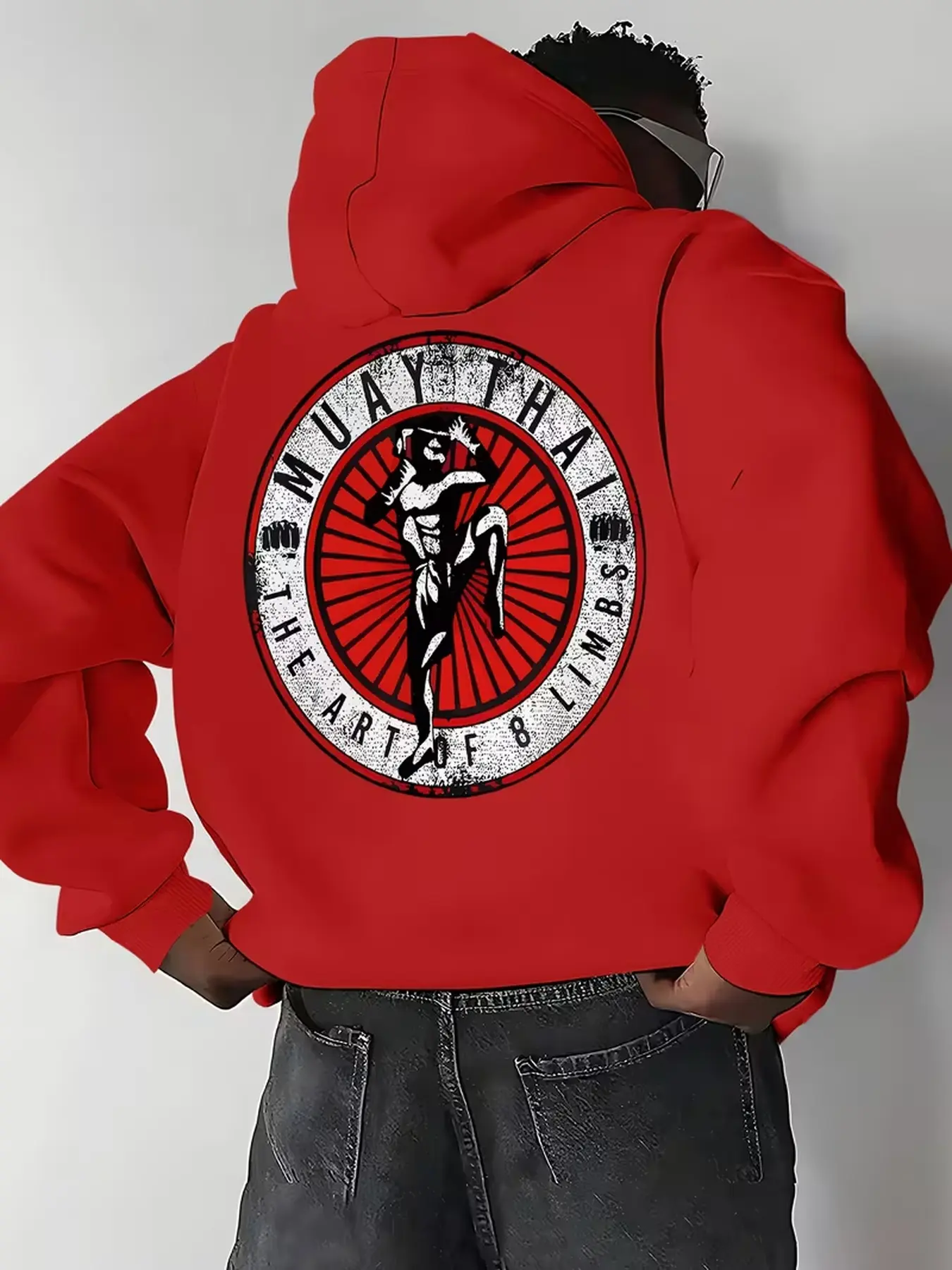 Men's versatile casual pullover hoodie with trendy Muay Thai print, wearable for home leisure and outdoor daily wear, fashionable street sweatshirt.