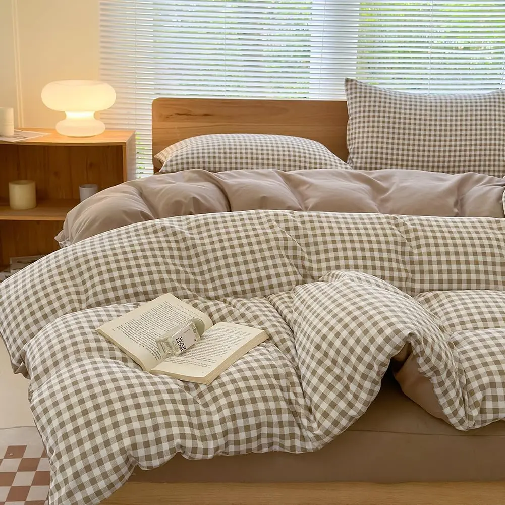 Tan Gingham Grid Queen Size Duvet Cover Set| Washed Microfiber, Comforter Cover Set Brown, Soft & Lightweight, Breathable, 3PCS