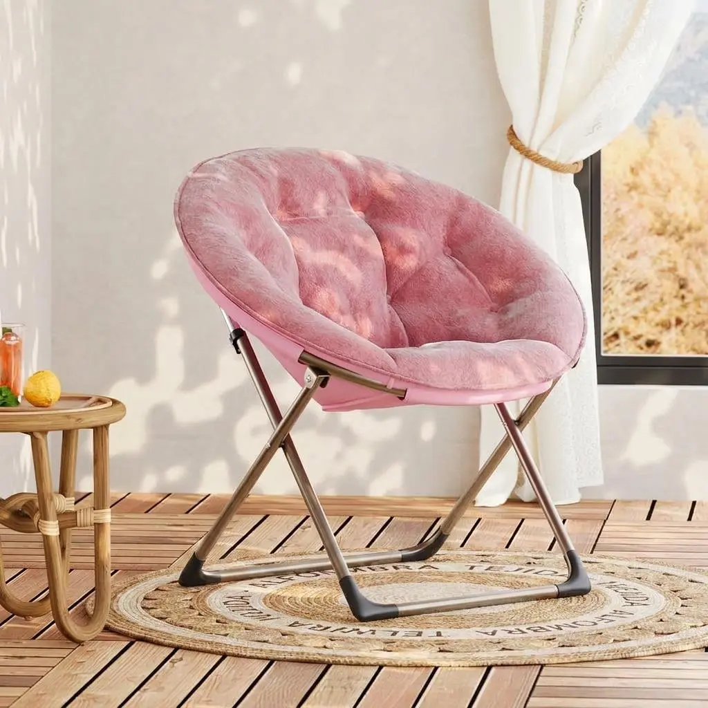 Oversized Collapsible Moon Chair – Soft Faux Leather Accent, Sturdy Gold Metal Legs, Comfortable Lounge Seating for Bedroom, Living Room, Dorm, or Reading Nook, Leather Pink