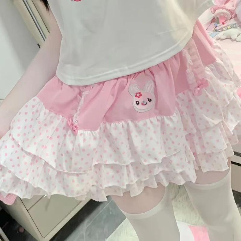 Sweet Japanese Elastic Waist Pink Polka Dot Skirts Kawaii Fashion Patchwork Loose Short Skirt Women's Design Bow Lovely Outfits Sweet Japanese Elastic Waist Pink Polka Dot Skirts Kawaii Fashion Patchwork Loose Short Skirt Women's Design Bow Lovely Outfits