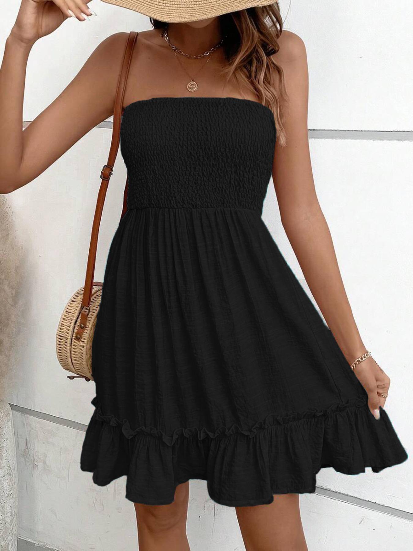 Women's Plain Shirred Tube Dress, Elegant Strapless  Dress for Party Holiday Wedding Guest, Ladies Summer Clothes, Womenswear