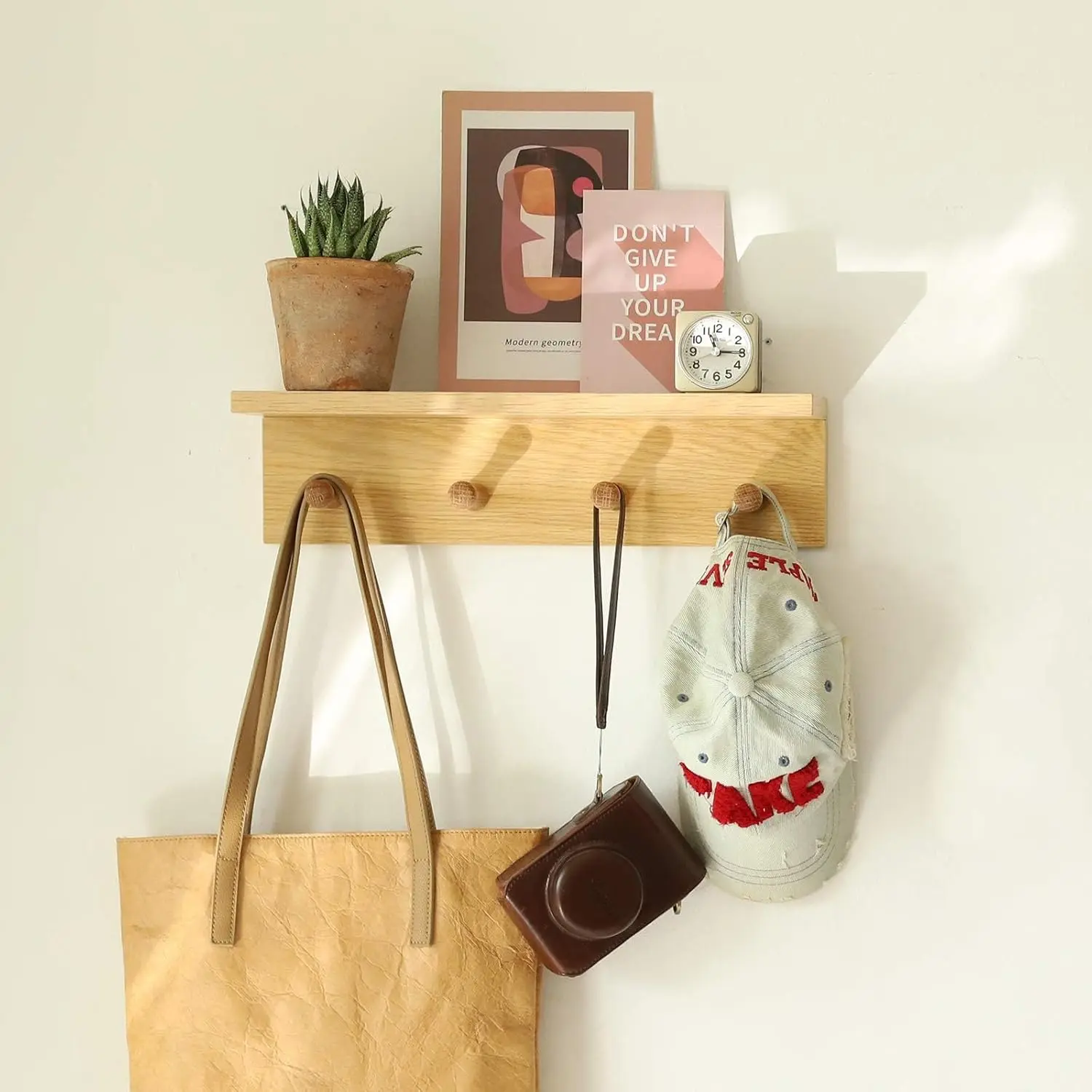 Small Entryway Shelf with Hooks, Wall Mounted Coat Rack with Shelf for Small Spaces, Wooden Floating Wall Organizer for Entryway, Mudroom, Nursery, Bathroom & Kitchen (Oak Finish)