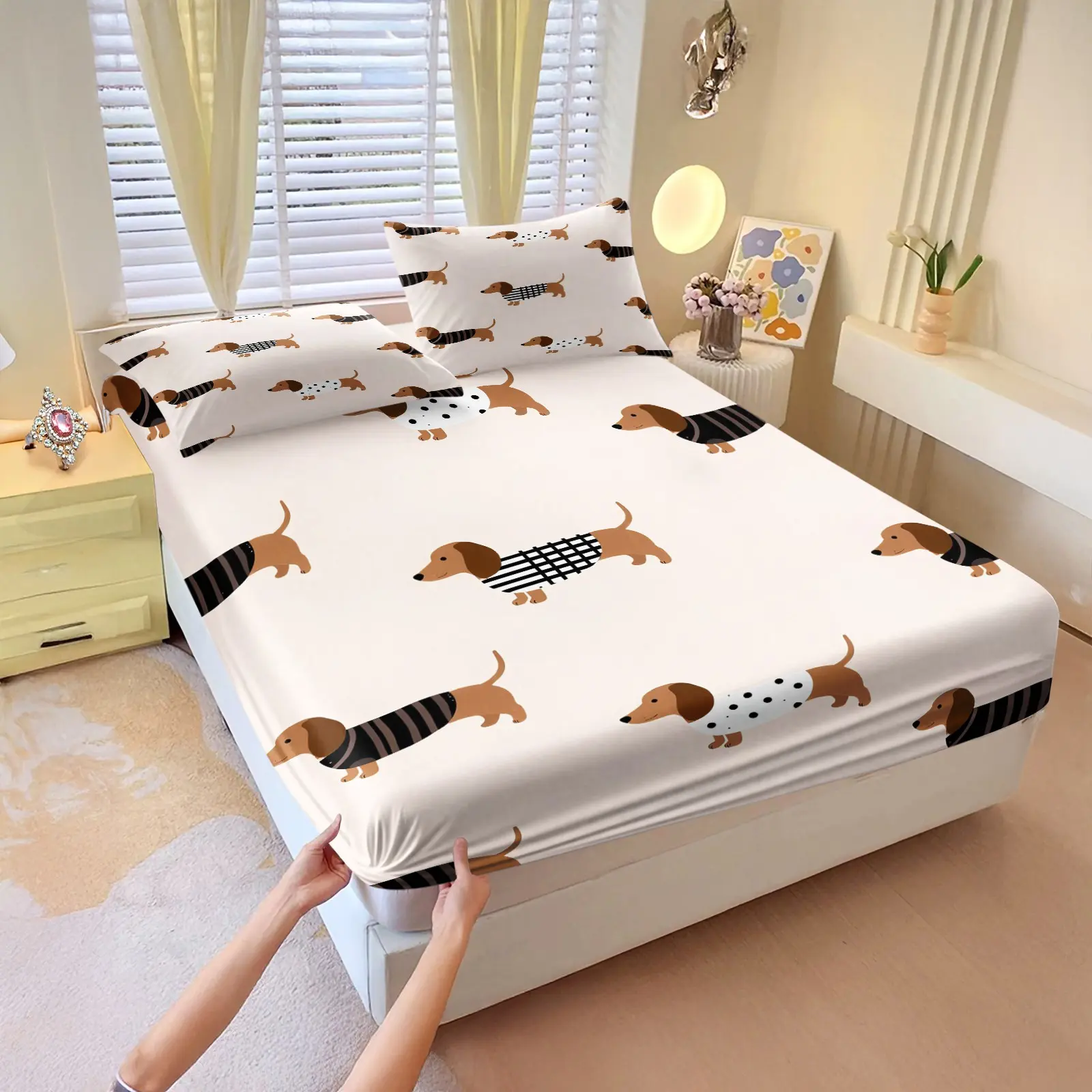 Cute Dachshund Fitted Sheet Set with 1 Fitted Sheet + 2 Pillowcases, Funny Sausage Dog Print Bed Sheet, Soft Microfiber Deep Pocket Elastic Bottom Sheet, Novelty Animal Pattern Bedding for Kids Teens Adults Bedroom