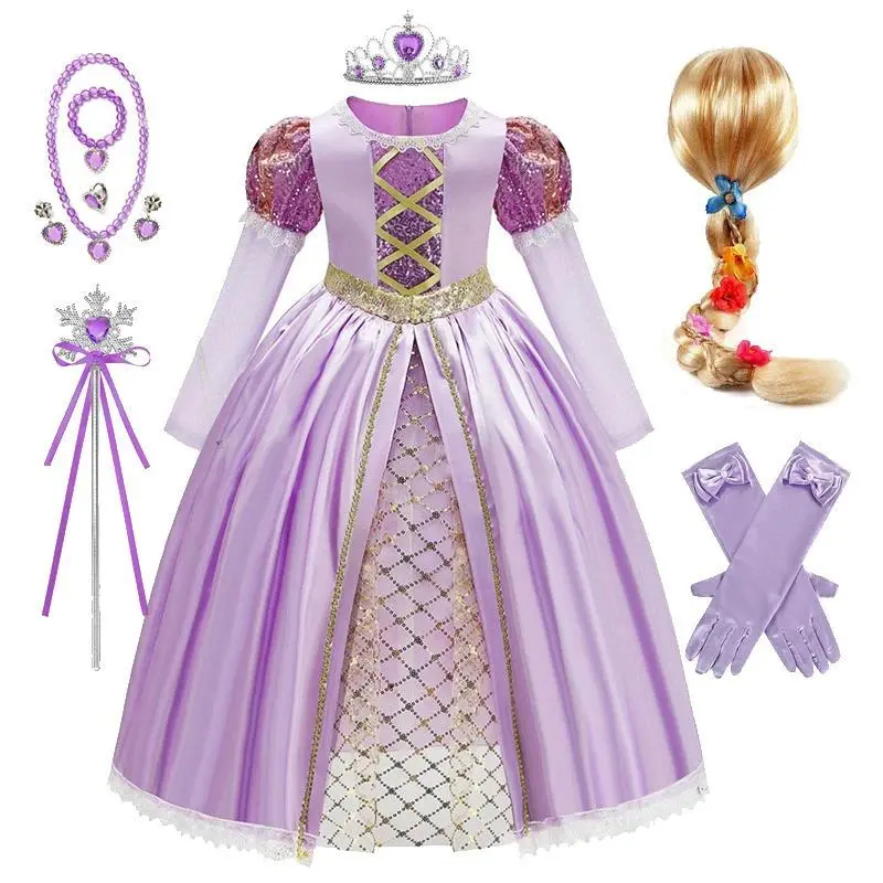 Kid Rapunzel Dress for Princess Girl Halloween Cosplay Costume Girl's Birthday Party Evening Gown Sequin Carnival Outfit Gift