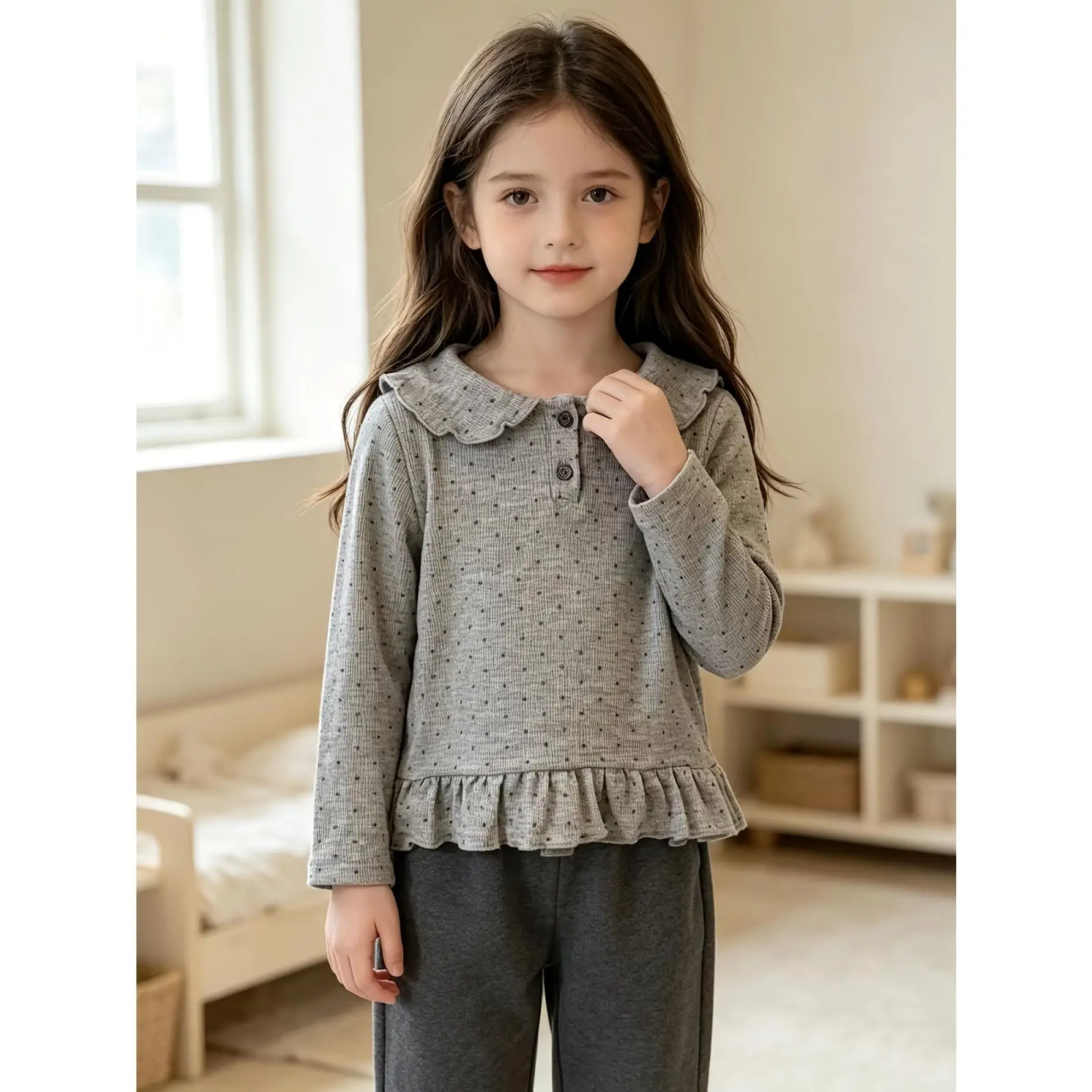 [Versatile Polka Dot Top] Spring New Long-Sleeve T-Shirt with Polka Dot Fashion Print Base Layer, Cute -Front Collar Loose Top for Girls, Stylish And Suitable for Outdoor Wear