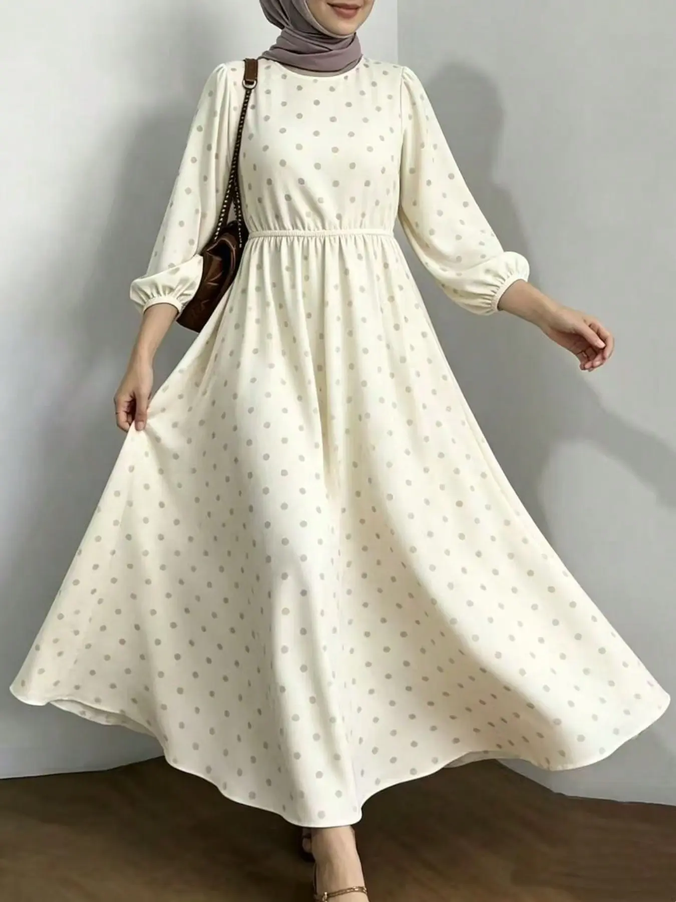 Modest Muslim Polka Dot Maxi Dress, Hijab‑Friendly, Round Neck Bishop Sleeve, Flowy Woven Fabric, Elastic Waist, For Prayer Daily Party Wear