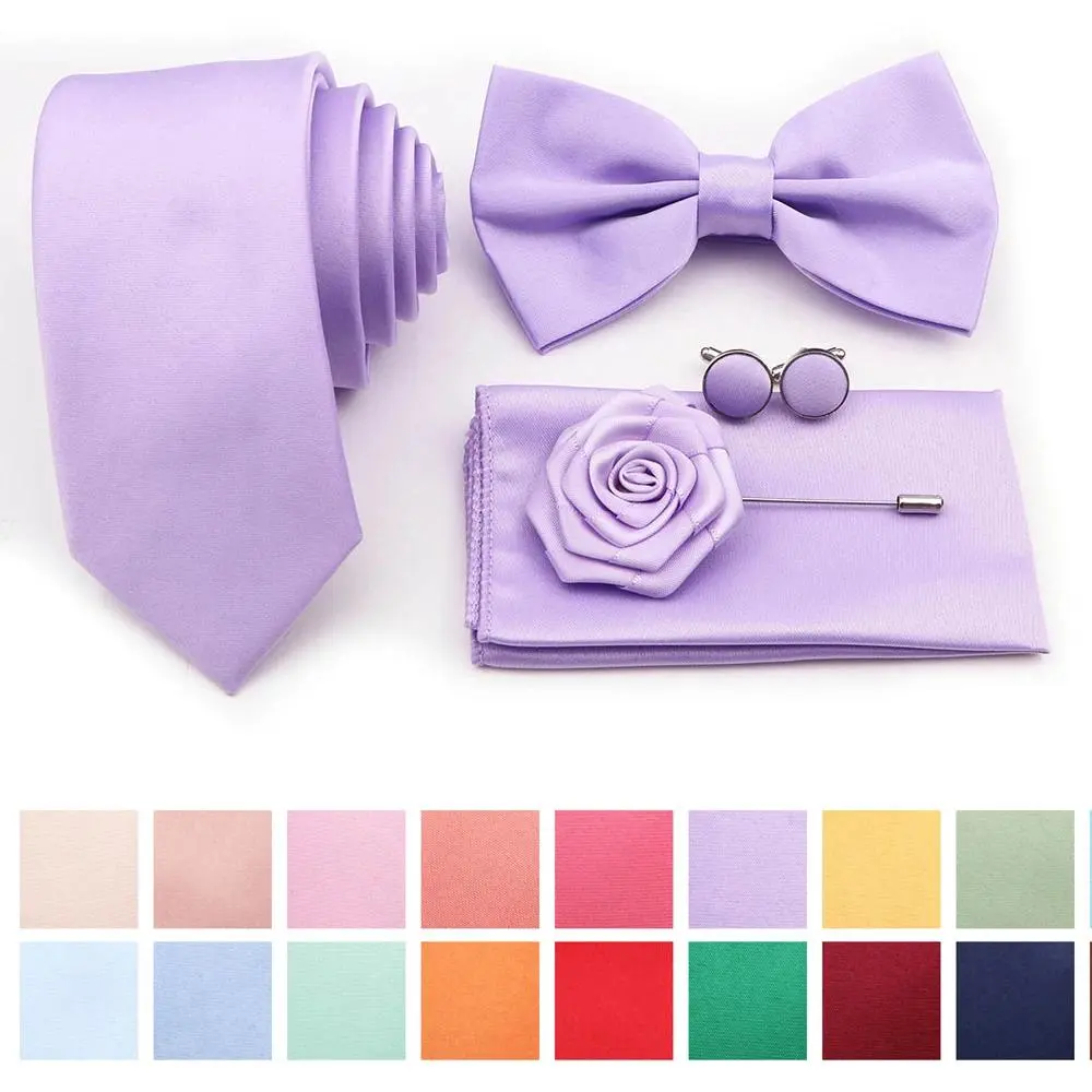 Brand New Polyester Tie Set - Purple, Pink, Sage Green Necktie, Bowtie, Cufflink, Brooch for Groom Wedding Suit Shirt Cravat Accessory