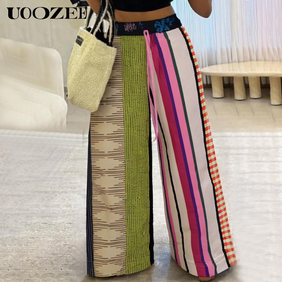 UOOZEE Women's 2026 New Spring Autumn Striped Printed Pockets Wide Leg Pants New Fashion Contrast Color Drawstring High Waisted Loose Streetwear Trousers (Smaller Waist  Fit - Check Size Guide or Order One Size Larger) Boho Casual Bottoms Colorful