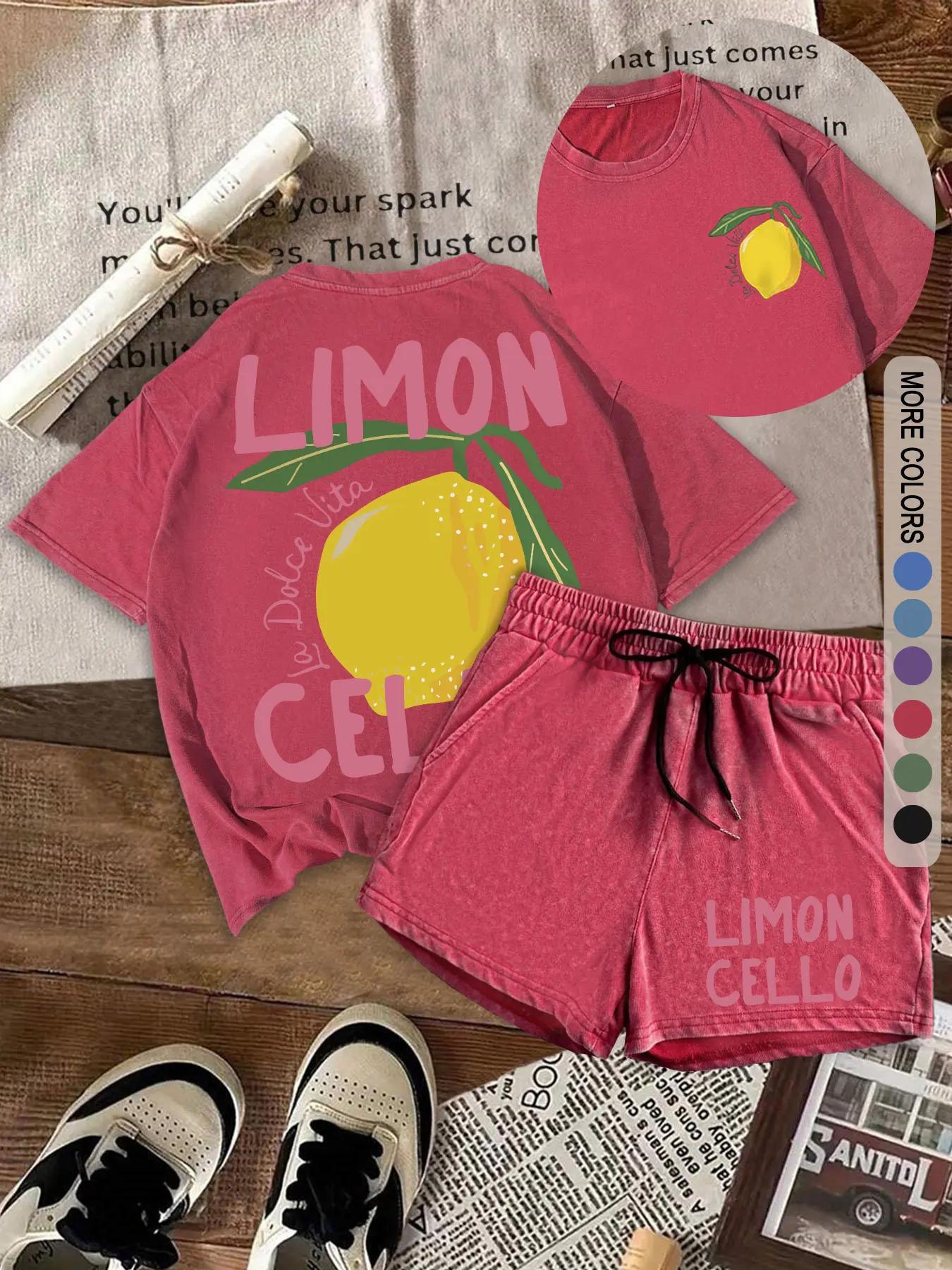 Two-Piece Set Women's Lemon Print Short Sleeve Tee & Shorts, Casual Round Neck T-shirt & Shorts, Summer Clothes for Daily Wear, Suits