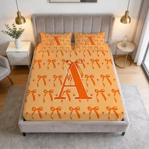 Orange Bow Monogram Initial Fitted Sheet 3-Piece Set (1 Fitted Sheet + 2 Pillowcases), No Inserts Included, Soft Breathable Deep Pocket Sheet, Skin-Friendly Fabric, Perfect for Teens and Adults Bedroom Decor, Great Holiday Gift