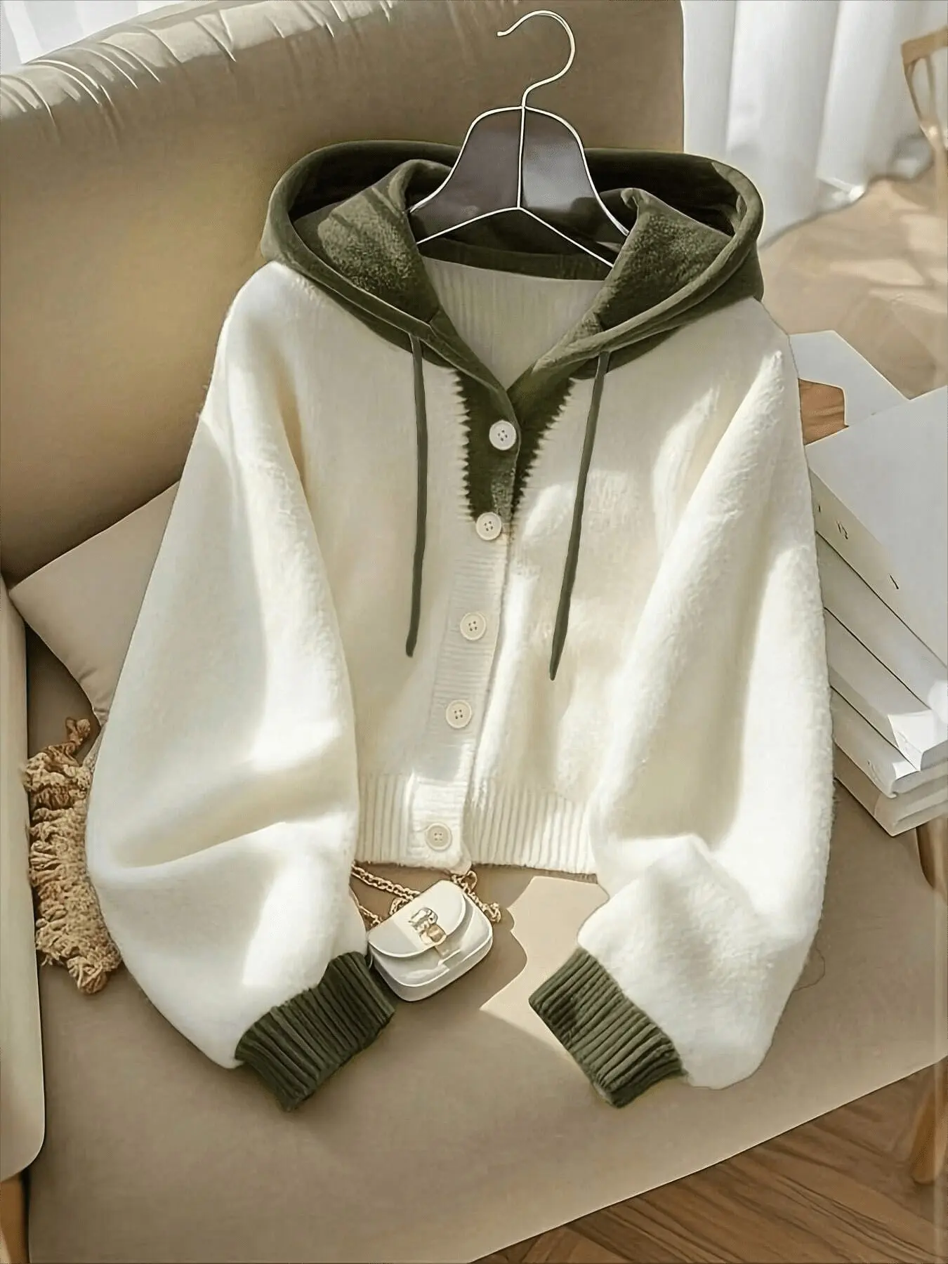 Plus Size Colorblock Hat Neck Short Knit Sweater, Lazy Relaxed Feel, Contrast Sleeve Single Button Soft Short Pullover, Plus Size Women's Commute Outerwear