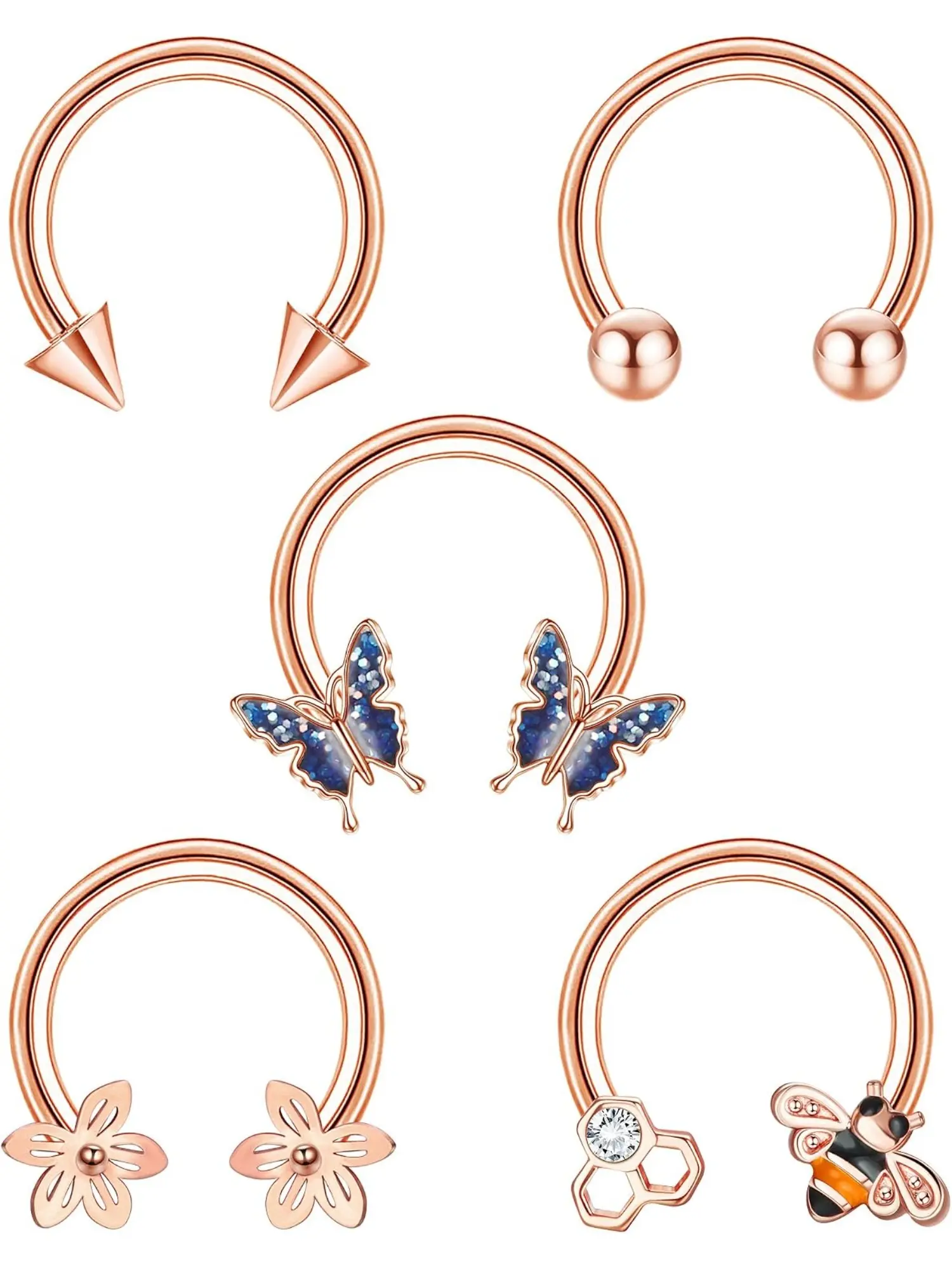 5 Pcs Septum Jewelry for Women Men 16G Horseshoe Stainless Steel Septum Rings Cartilage Earring Hoop Nose Ring Cute Bee Flower Butterfly Septum Rings Tragus Daith Rook Helix Piercing Jewelry