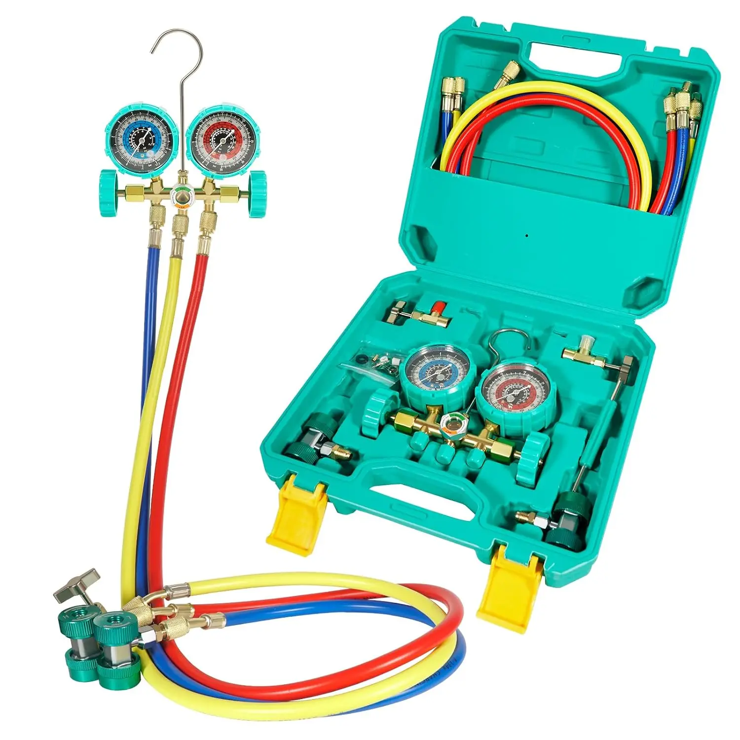 3-Way Brass Manifold Gauge Set with Plastic Case for HVAC | R134A R12 R22 R502 Compatible, with 4FT Charging Hoses, Quick Couplers, Can Taps, Valve Core Tool