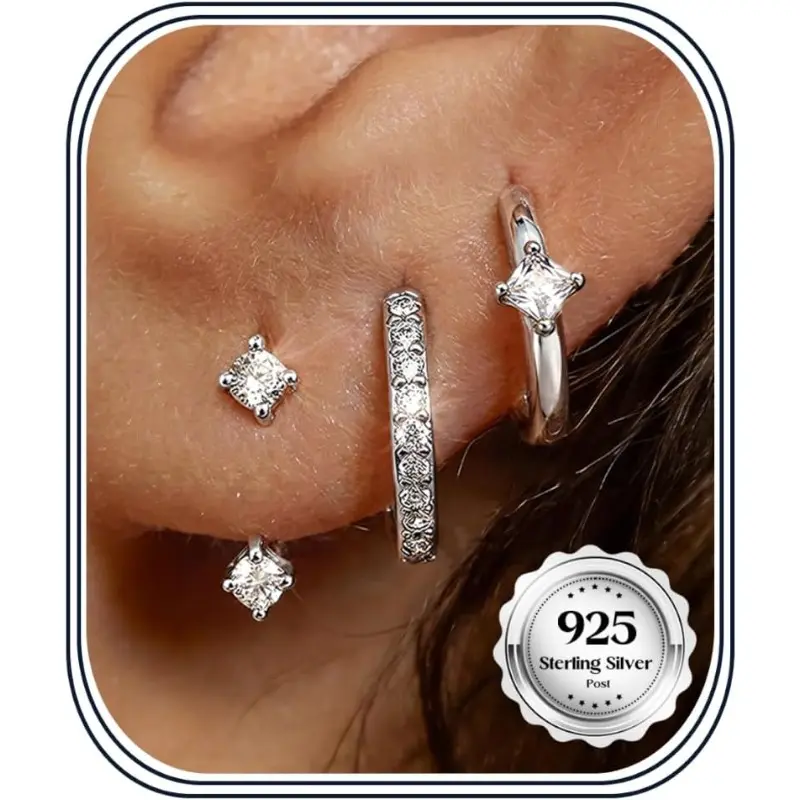 3 Pairs 925 Sterling Silver Earrings for Women Hypoallergenic | Non Tarnish Stud Huggie Hoop Earring Stacks, Trendy Small Lightweight Cartilage Earrings for Sensitive Ears