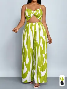 Women's Summer Fashionable All-Over Print Straight-Leg Jumpsuit Fit with Spaghetti Straps and High Waist – Ideal for Vacation and Parties; Plus-Size Casual Chic Style