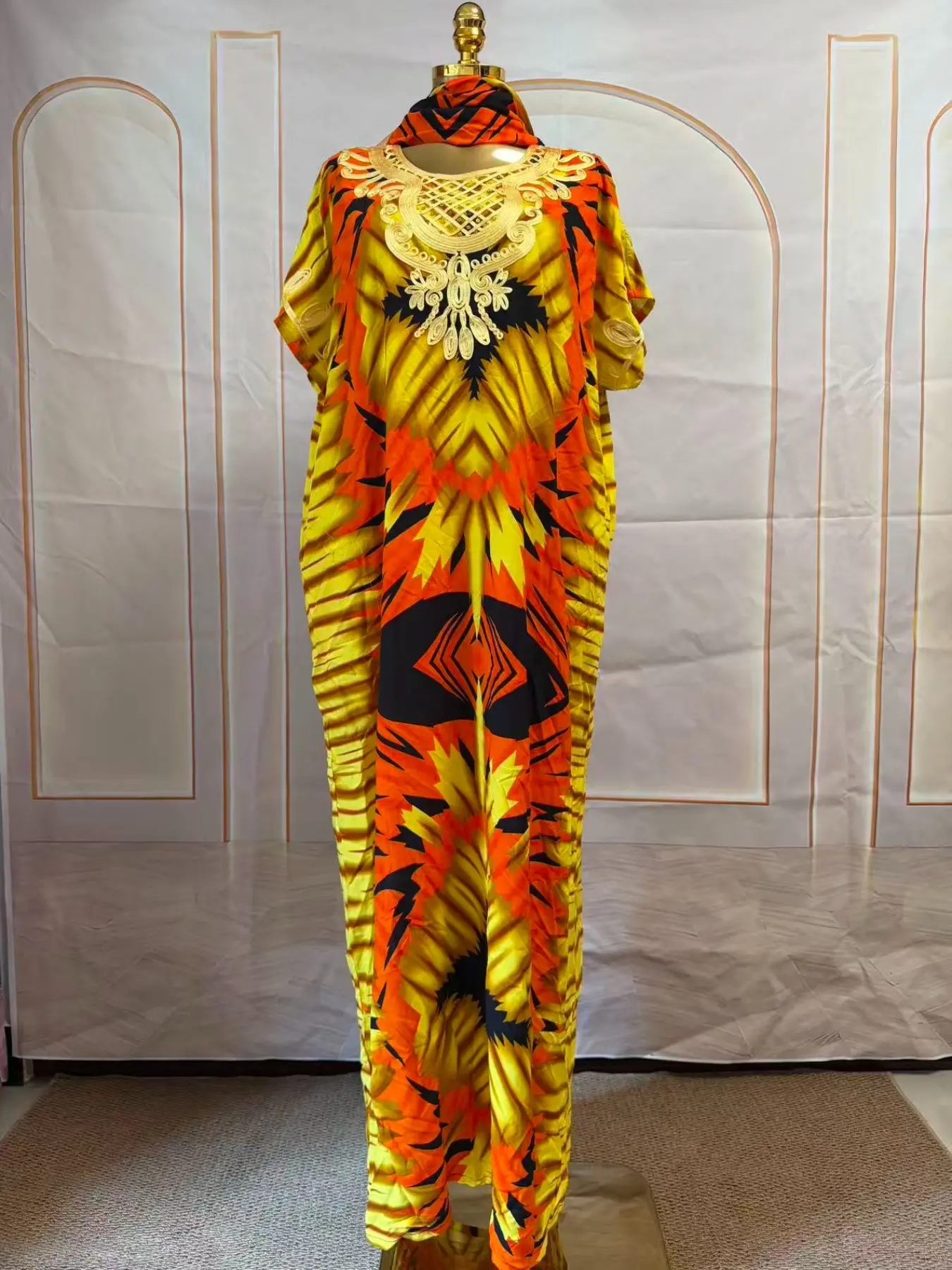 African Ethnic Print Kaftan Maxi Dress Women Gold Embroidery Collar Loose Oversized Caftan Beach Cover Up Vacation Long Dress