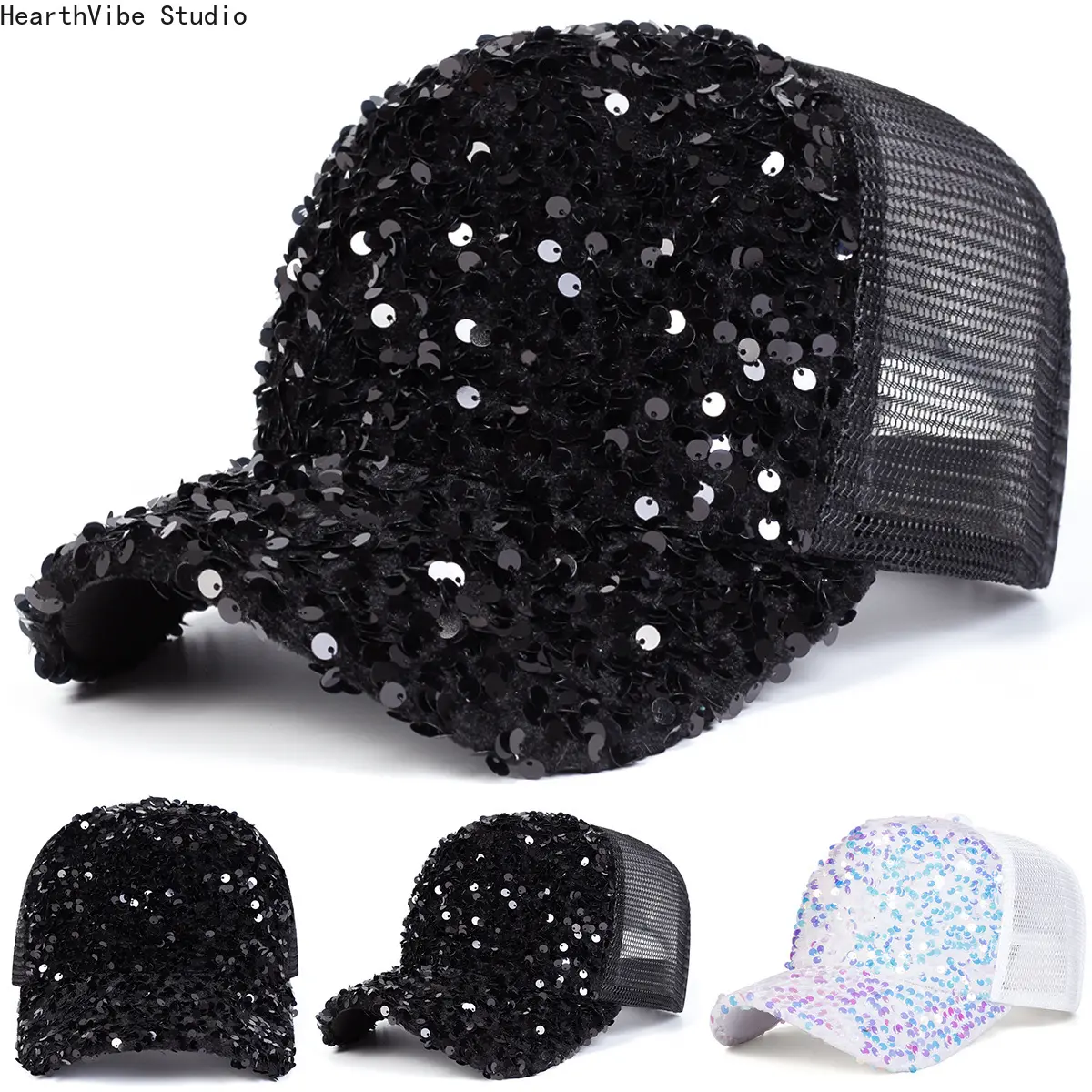 Women's Sequin Glitter Trucker Hat - Unisex Wear, Shiny Bling Baseball Cap with Breathable Mesh Back, Adjustable Size Snapback Sun Visor, Party Rave Outfit Accessory, Black White
