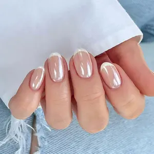 Kaely Chrome French Tip Press On Nails, Short Oval Nude Glazed Nails with Soft Gel Glue, Reusable Glossy Salon Quality Fake Nails for Women & Girls